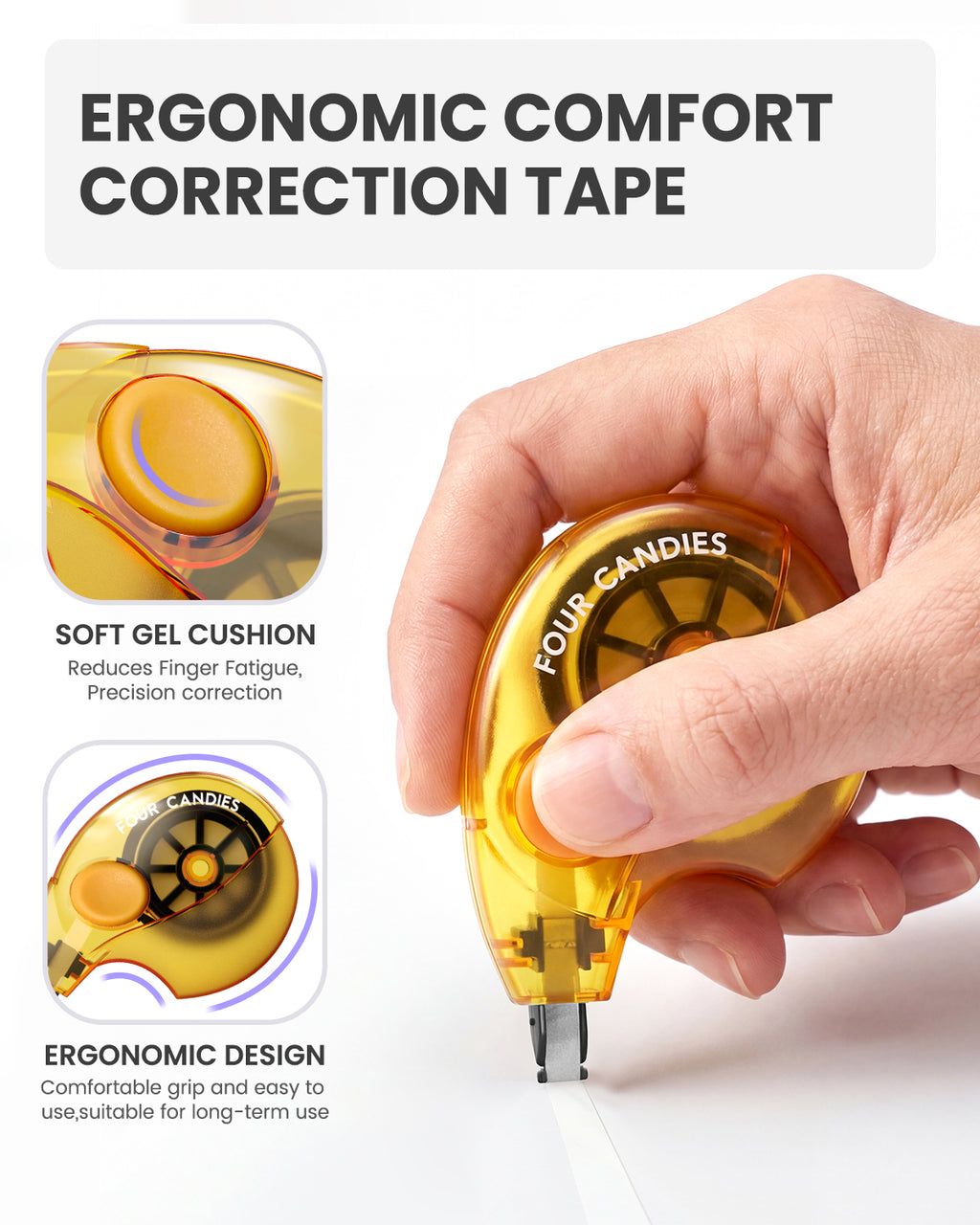 Four Candies Silent Correction Tape, White Correction Tape 12 Pack, 26.2ft, Ergonomic Easy-to-Use Applicator,Fast Clean Instant Corrections, Smooth High-Opacity Tear-Resistant Office Supplie