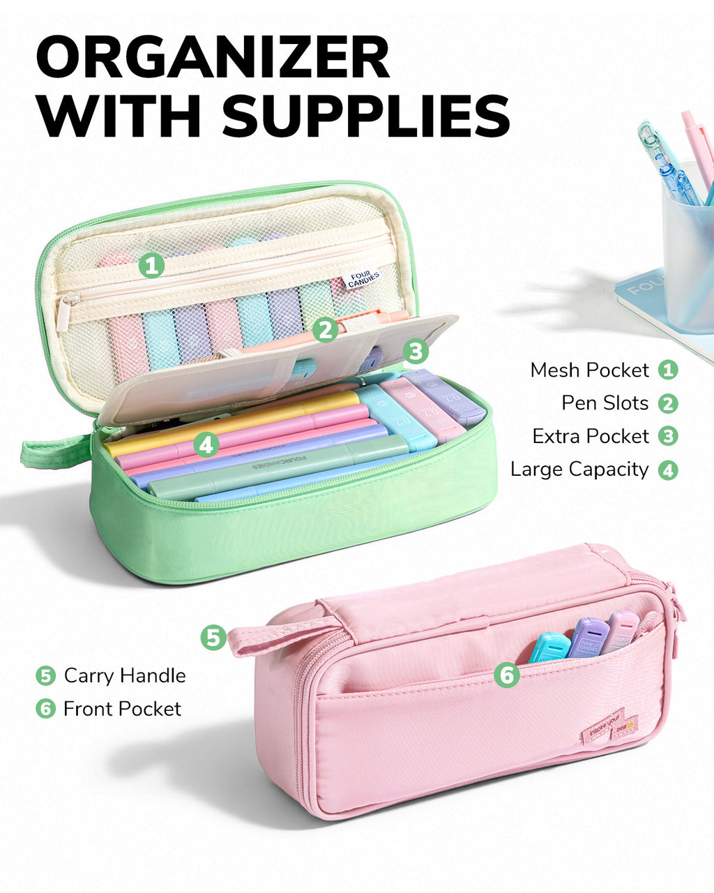 Four Candies Ballpoint Pen, Pencil, Pencil Case, and Notebook Set (Green)