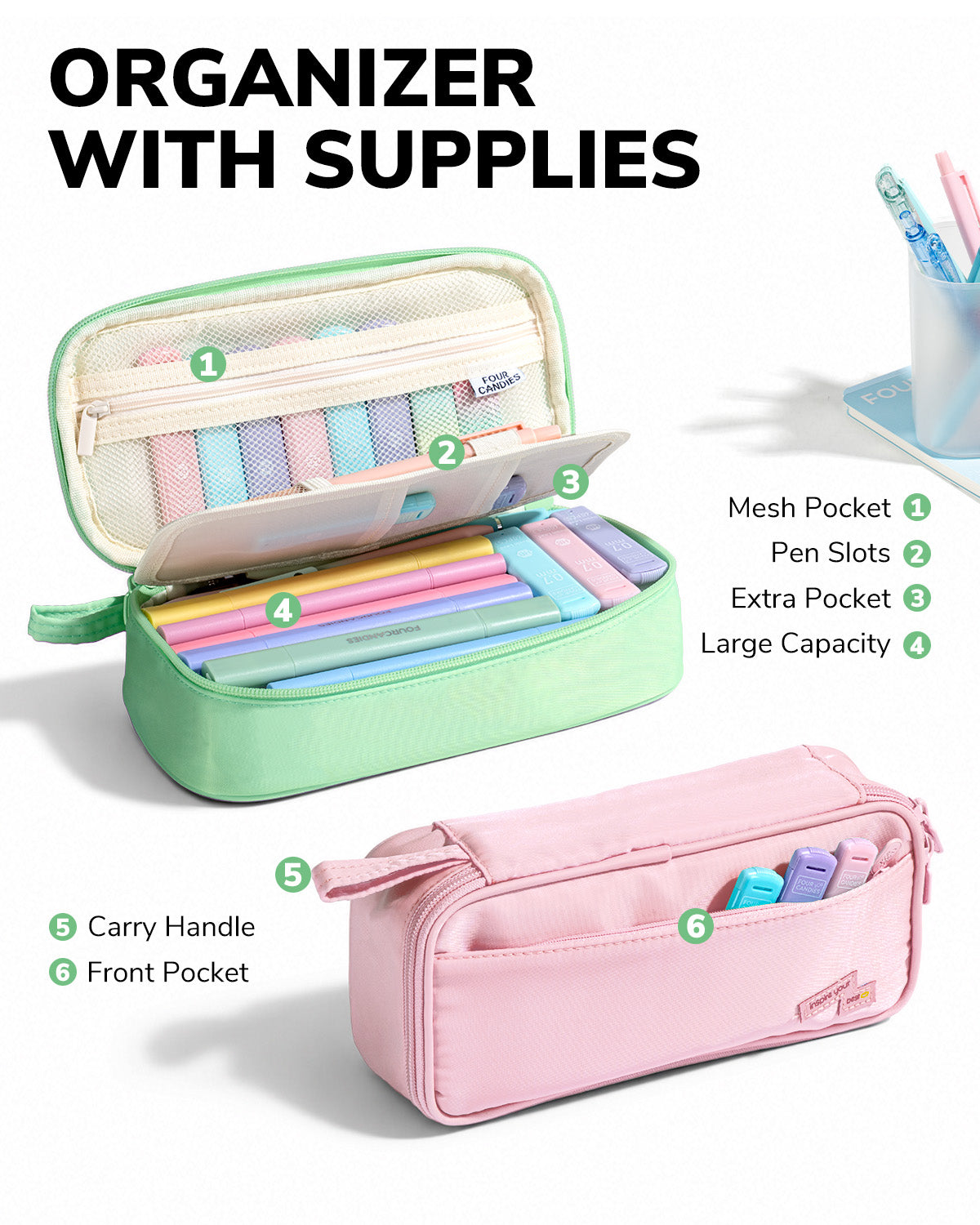 Four Candies Ballpoint Pen, Pencil, Pencil Case, and Notebook Set (Green)