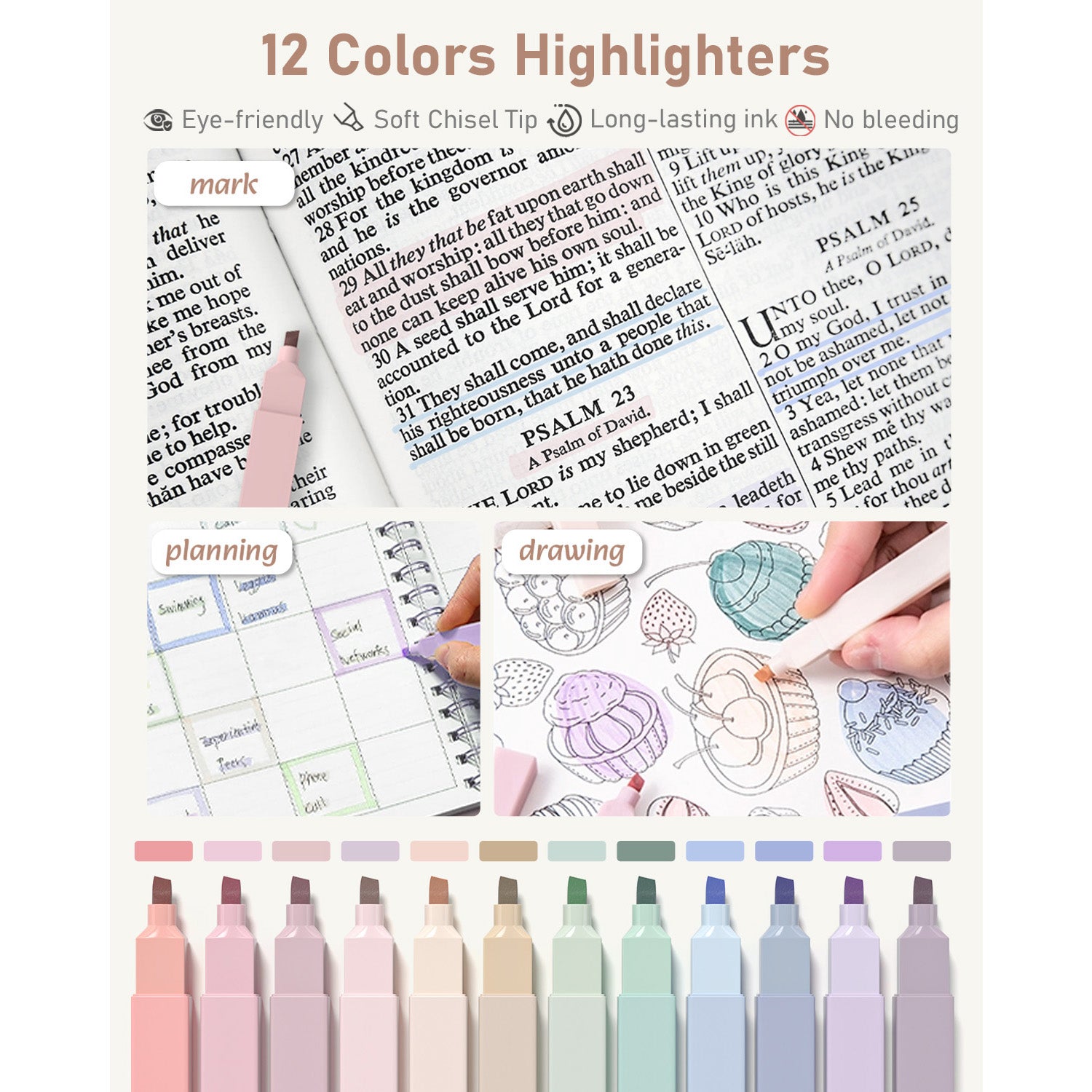 Four Candies 39 PCS Cute Supplies with Pen Case- 5 Black Ink Gel Pens, 12 Pastel Highlighters, 6 Aesthetic Mechanical Pencils Set for Stationary College Essentials (Cream)