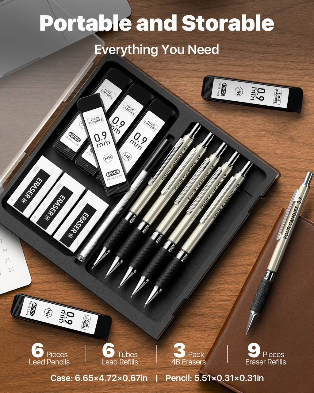 FourCandies Metal Mechanical Pencil Set - 6PCS 0.9mm Art Mechanical Pencils & 360PCS HB Lead Refills & 3PCS Erasers & 9PCS Eraser Refills, Drawing Mechanical Pencils for Writing, Sketching - With Case