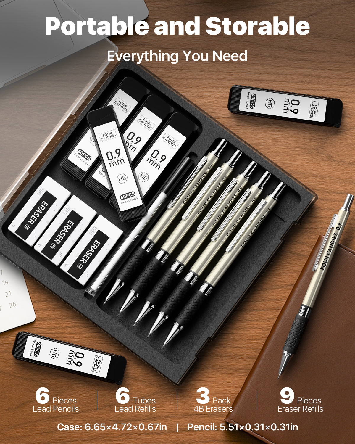 FourCandies Metal Mechanical Pencil Set - 6PCS 0.9mm Art Mechanical Pencils & 360PCS HB Lead Refills & 3PCS Erasers & 9PCS Eraser Refills, Drawing Mechanical Pencils for Writing, Sketching - With Case