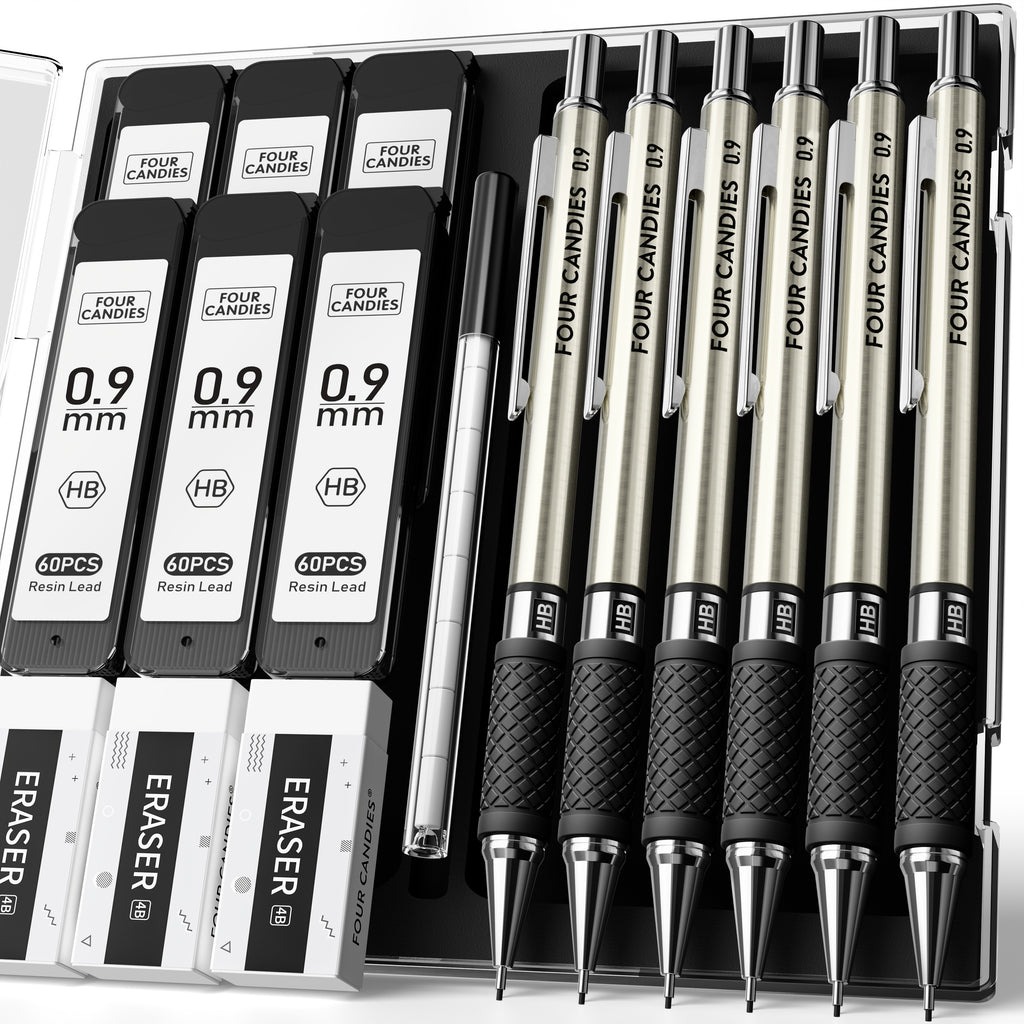 FourCandies Metal Mechanical Pencil Set - 6PCS 0.9mm Art Mechanical Pencils & 360PCS HB Lead Refills & 3PCS Erasers & 9PCS Eraser Refills, Drawing Mechanical Pencils for Writing, Sketching - With Case