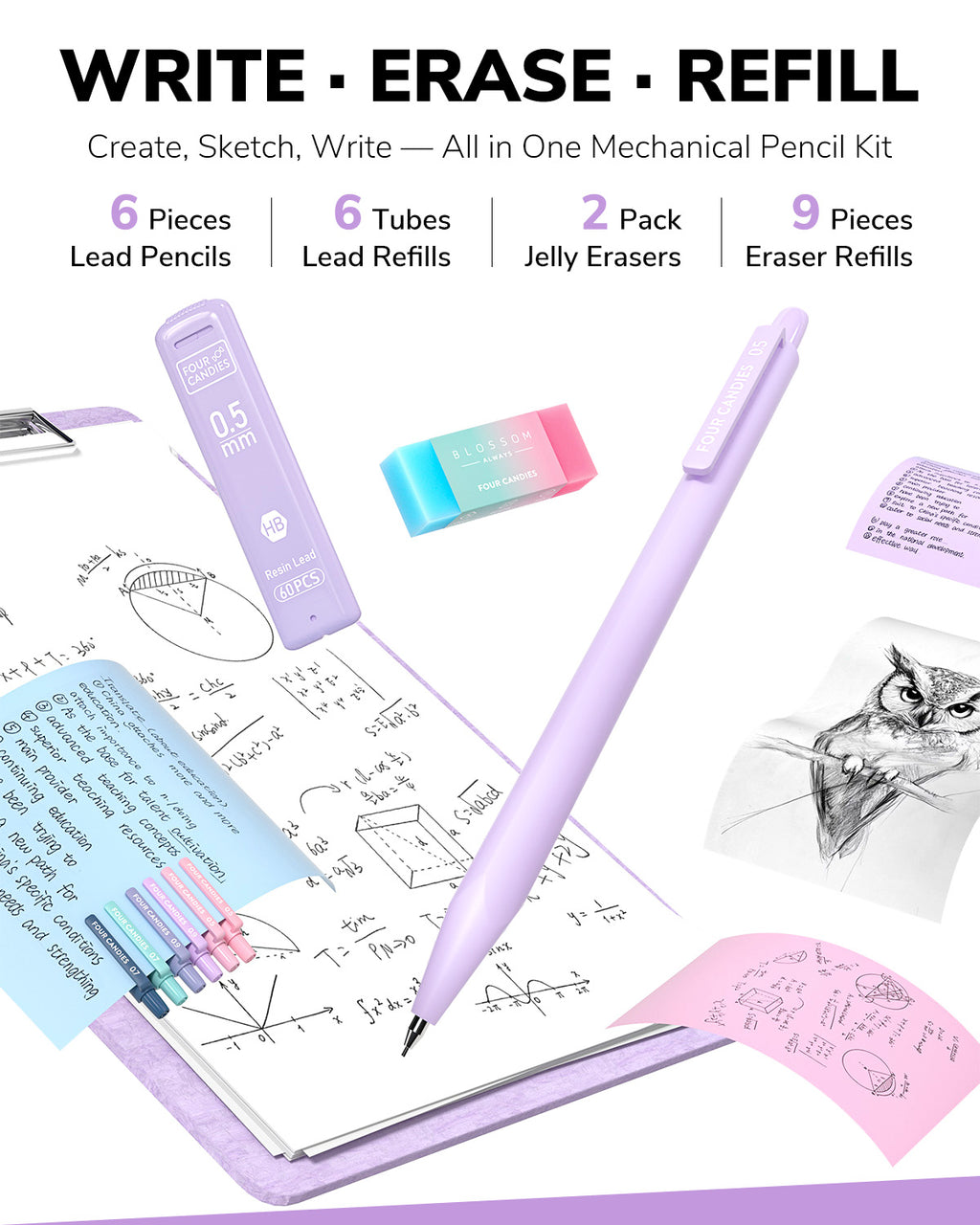 Four Candies 56PCS Stationery Set with 3 Spiral Notebooks,School Supplies College Supplies,Purple Pencil Case,10Gel Pens,Mechanical Pencils,6Highlighters,5Sticky Notes&10Tabs for Students,Grils,Nurse Visit the Four Candies Store