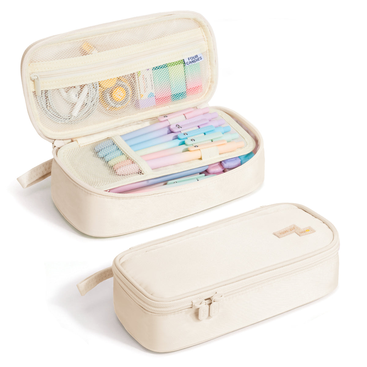 Four Candies Pencil Case, Large Capacity Pencil Pouch—Portable Marker Holder Bag for Home & Office, Soft Supply Organizer (Off-White)