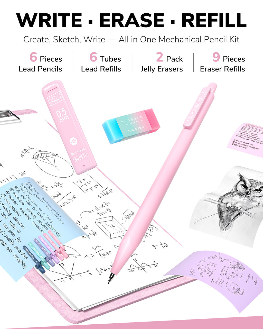 Four Candies 56PCS Stationery Set with 3 Spiral Notebooks,School Supplies College Supplies,Pink Pencil Case,10Gel Pens, Mechanical Pencils,6Highlighters,5Sticky Notes&10Tabs for Students,Grils,Nurse