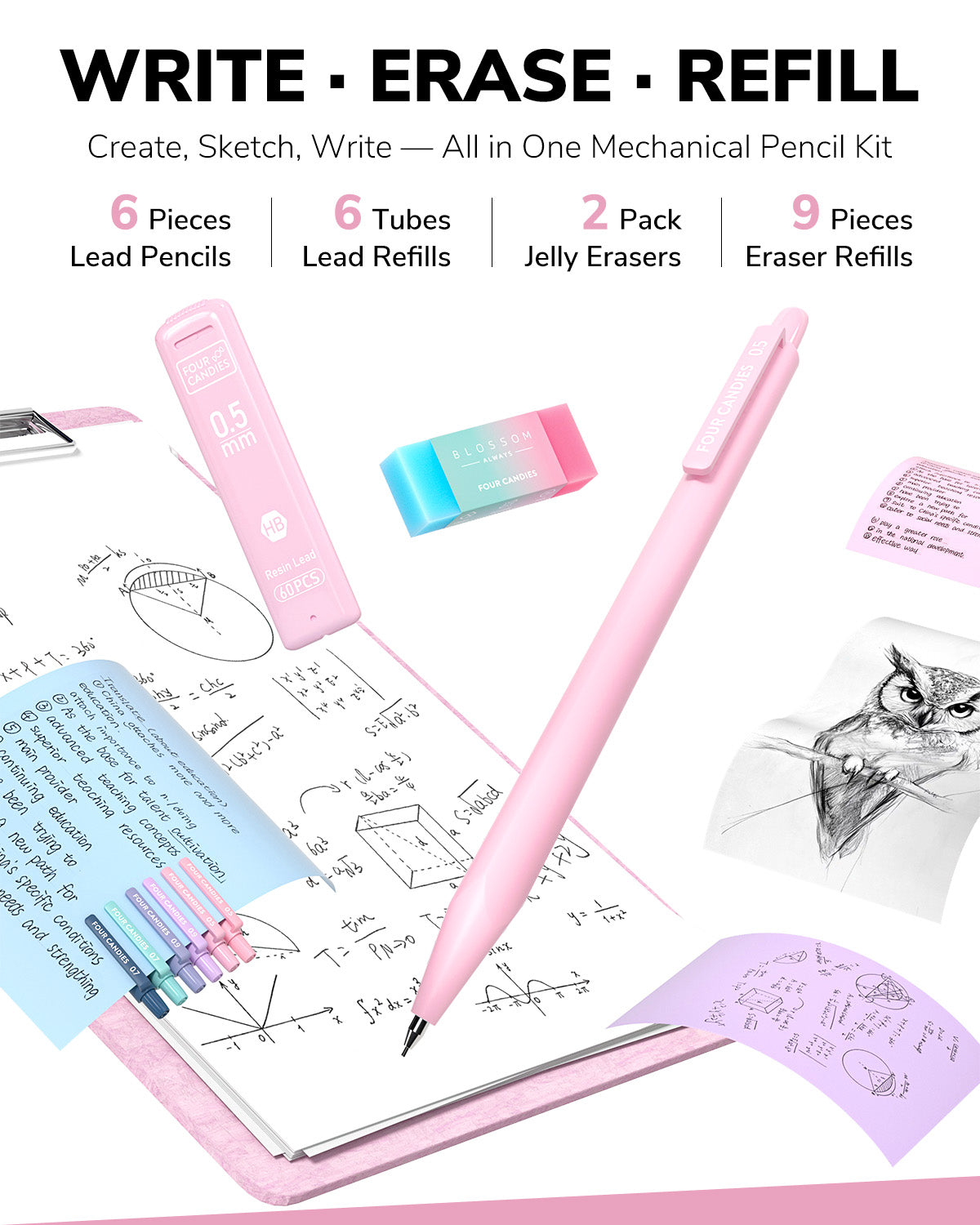 Four Candies 56PCS Stationery Set with 3 Spiral Notebooks,School Supplies College Supplies,Pink Pencil Case,10Gel Pens, Mechanical Pencils,6Highlighters,5Sticky Notes&10Tabs for Students,Grils,Nurse