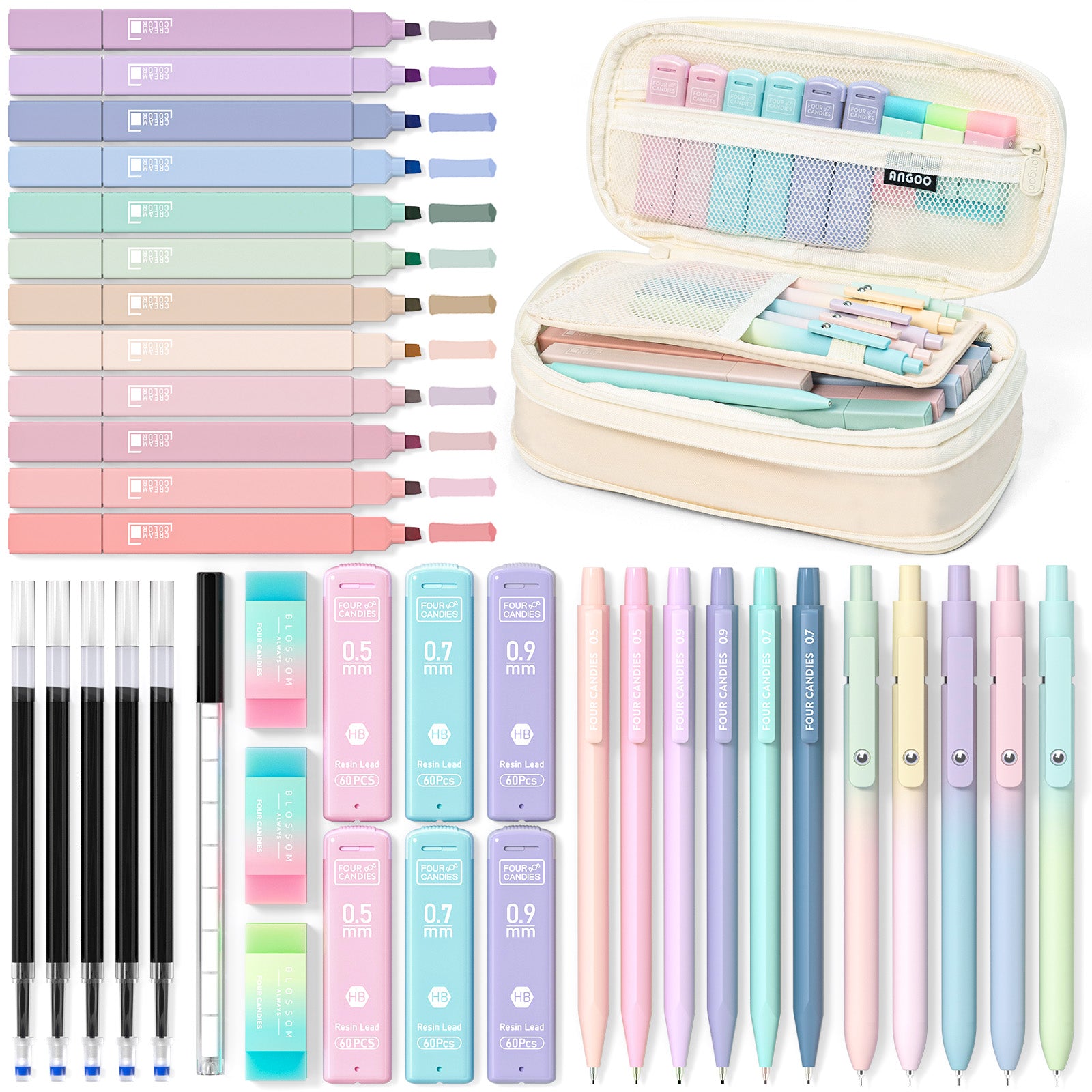 Four Candies 39 PCS Cute Supplies with Pen Case- 5 Black Ink Gel Pens, 12 Pastel Highlighters, 6 Aesthetic Mechanical Pencils Set for Stationary College Essentials (Cream)