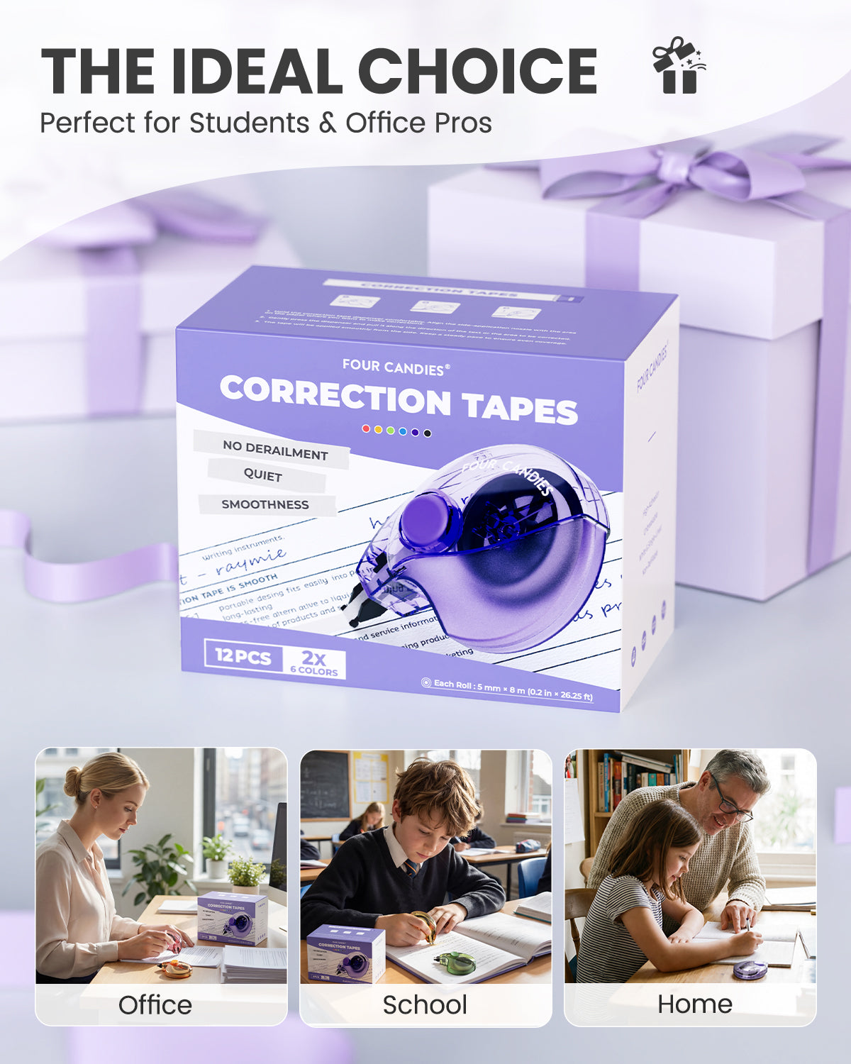 Four Candies Silent Correction Tape, White Correction Tape 12 Pack, 26.2ft, Ergonomic Easy-to-Use Applicator,Fast Clean Instant Corrections, Smooth High-Opacity Tear-Resistant Office Supplie