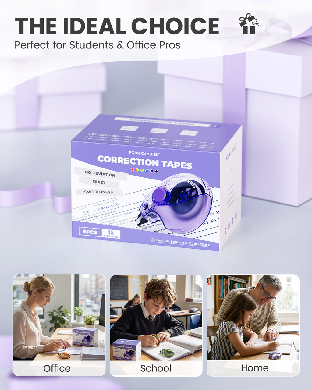 Four Candies Silent Correction Tape, White Correction Tape 6 Pack, 26.2ft, Ergonomic Easy-to-Use Applicator, Fast Clean Instant Corrections, Smooth High-Opacity Tear-Resistant Office Supplies