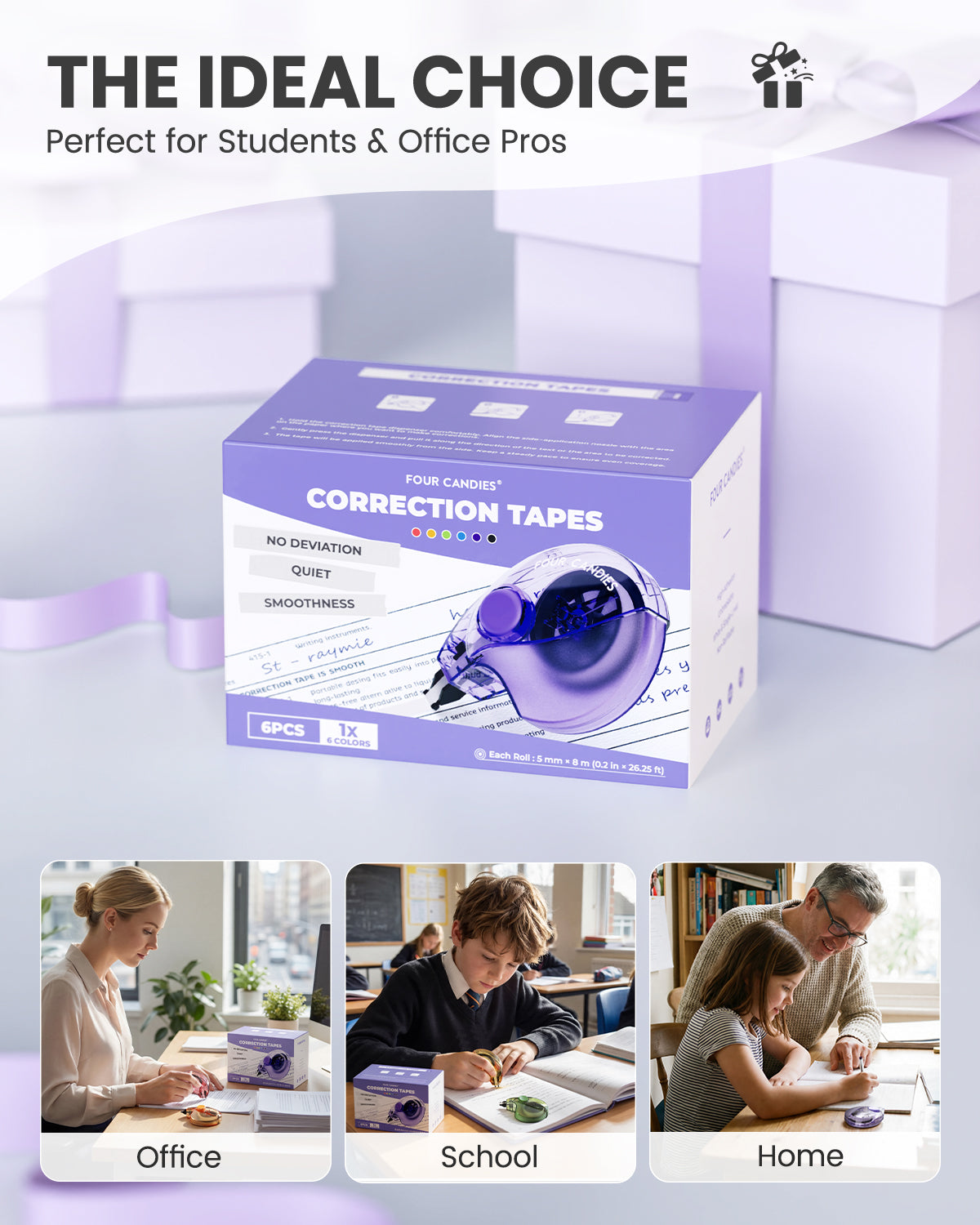 Four Candies Silent Correction Tape, White Correction Tape 6 Pack, 26.2ft, Ergonomic Easy-to-Use Applicator, Fast Clean Instant Corrections, Smooth High-Opacity Tear-Resistant Office Supplies