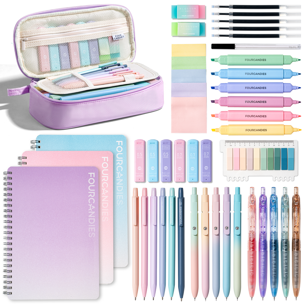 Four Candies 56PCS Stationery Set with 3 Spiral Notebooks,School Supplies College Supplies,Purple Pencil Case,10Gel Pens,Mechanical Pencils,6Highlighters,5Sticky Notes&10Tabs for Students,Grils,Nurse Visit the Four Candies Store