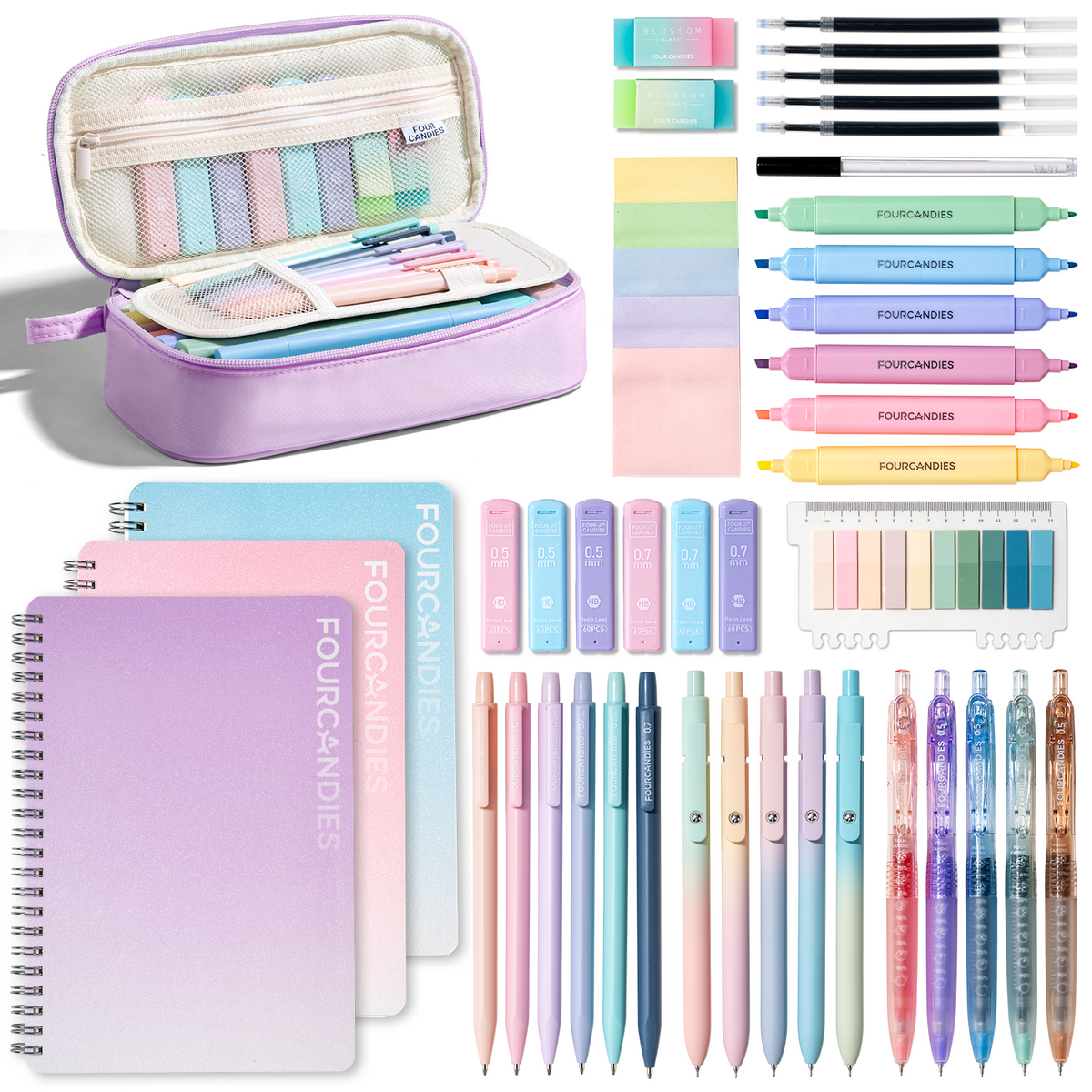 Four Candies 56PCS Stationery Set with 3 Spiral Notebooks,School Supplies College Supplies,Purple Pencil Case,10Gel Pens,Mechanical Pencils,6Highlighters,5Sticky Notes&10Tabs for Students,Grils,Nurse Visit the Four Candies Store