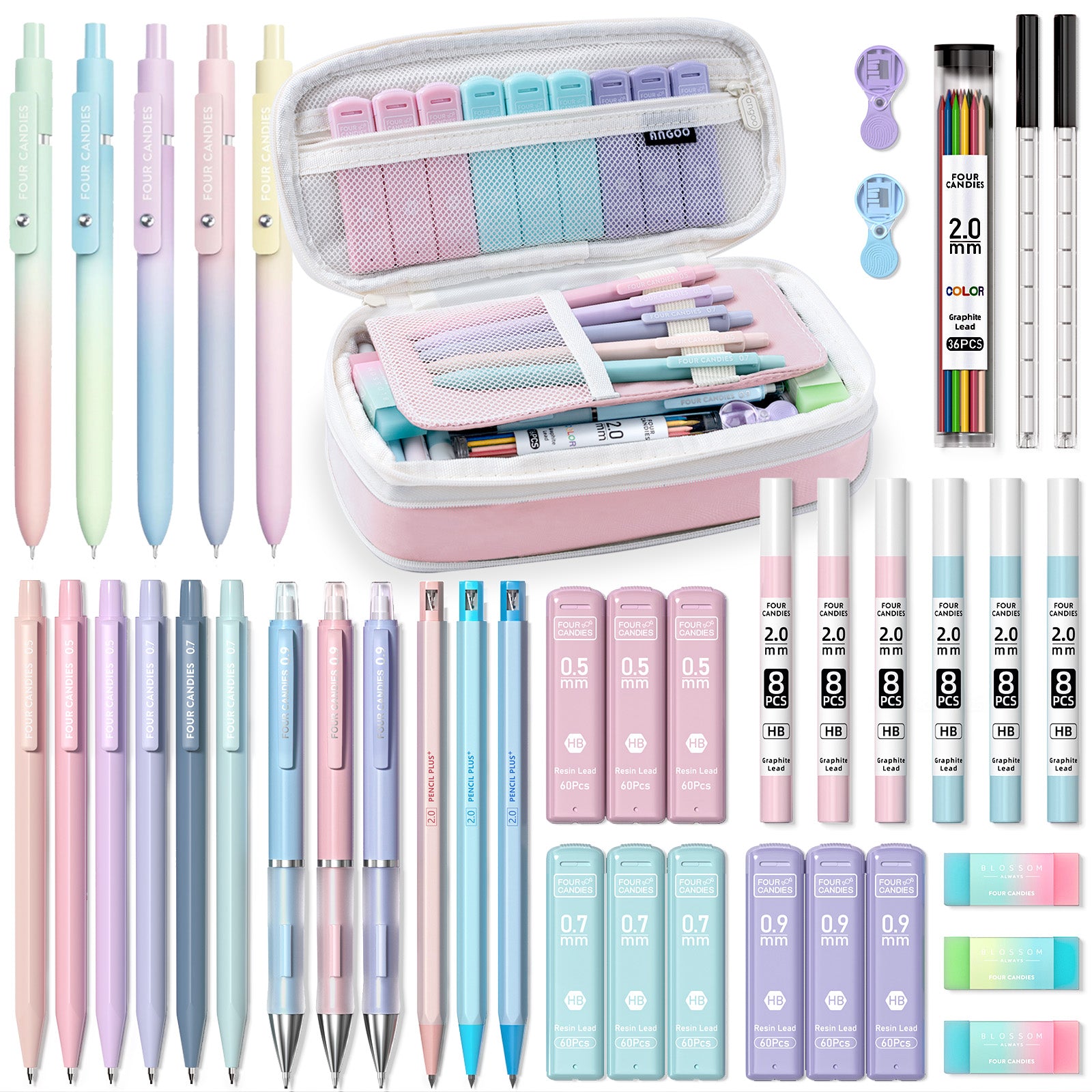 Four Candies 41PCS Aesthetic Supplies With Cute Pen Case, 5 Black Ink Gel Pens, 12 Mechanical Pencils 0.5mm, 0.7mm, 0.9mm & 2.0mm With Lead Refills For Students Stationary College Essentials