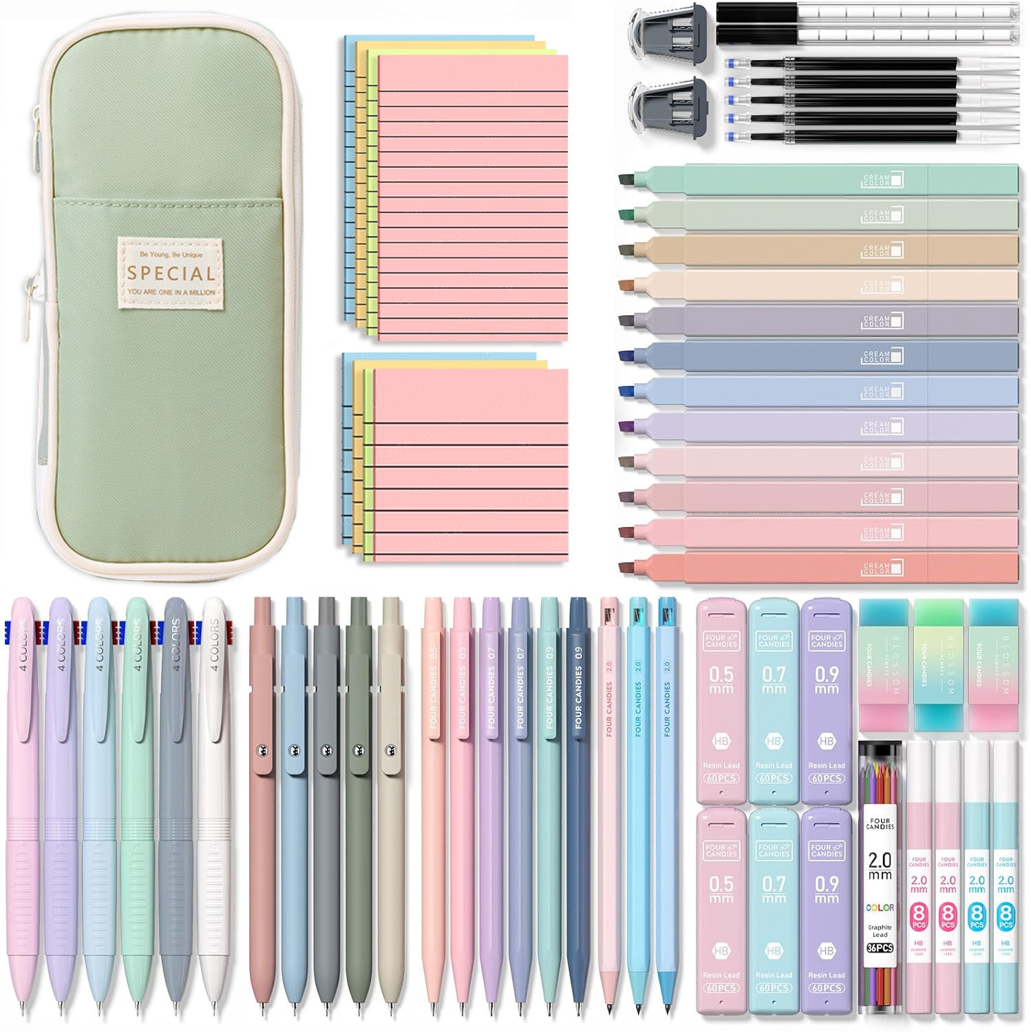 Four Candies 58 PCS Aesthetic Supplies with Cute Pencil Case, 6 Multicolor Pens, 12 Pastel Highlighters, 5 Gel Pens Black Ink, 9 Mechanical Pencils and 100 sticky notes in 2 sizes,Student Stationary