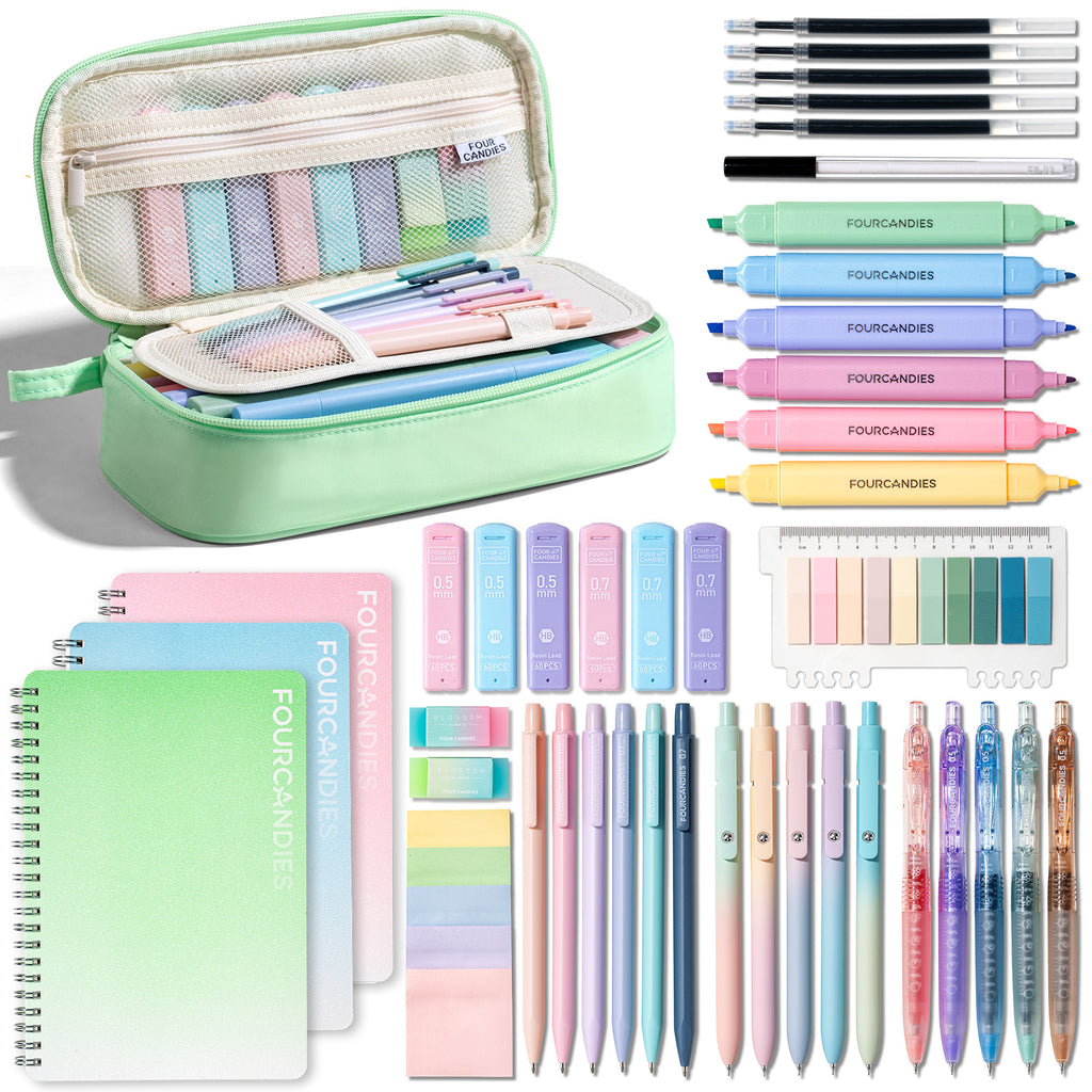 Four Candies Ballpoint Pen, Pencil, Pencil Case, and Notebook Set (Green)