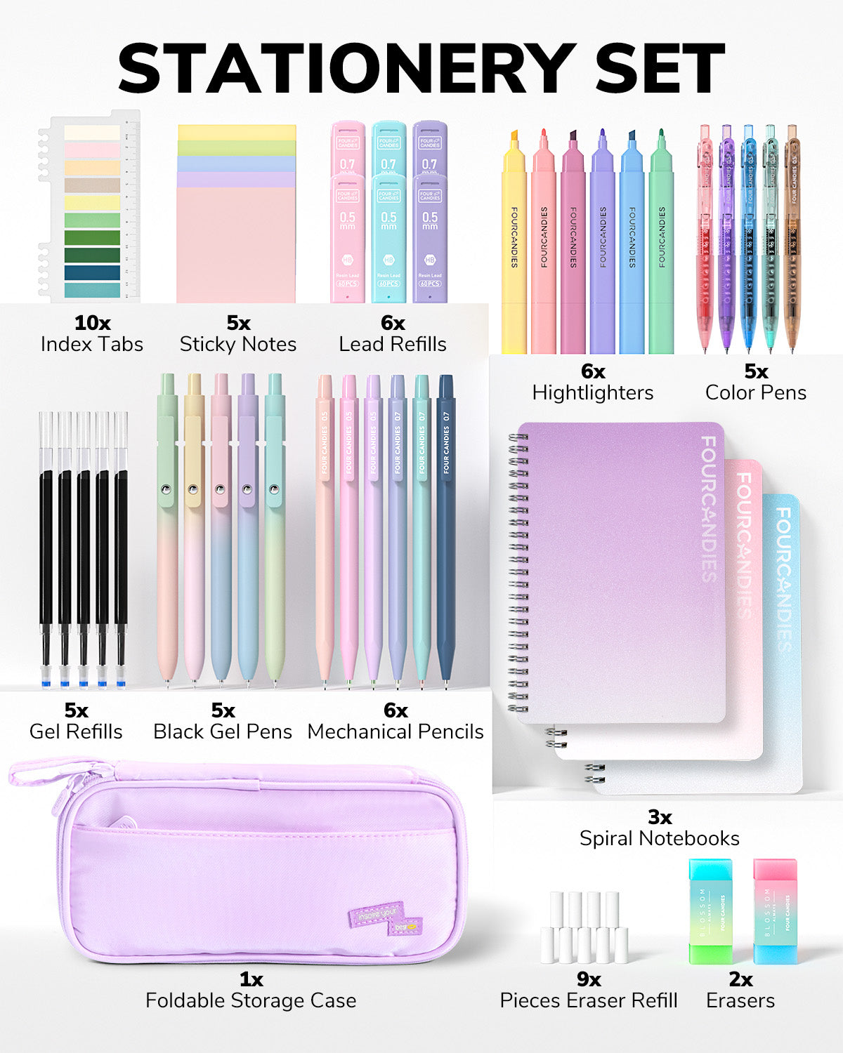 Four Candies Supplies Set with Cute Pencil Case, 56ct, Purple