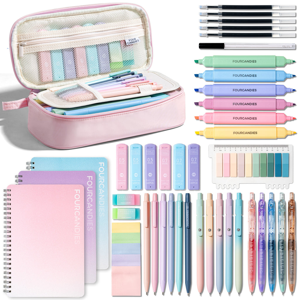 Four Candies Stationery Set Supplies with Cute Pencil Case,56ct Pink 10 Gel Pens,6Dual-Highlighters,3Spiral Notebooks, Mechanical Pencils Set,5 Sticky Notes &10Tabs Essential