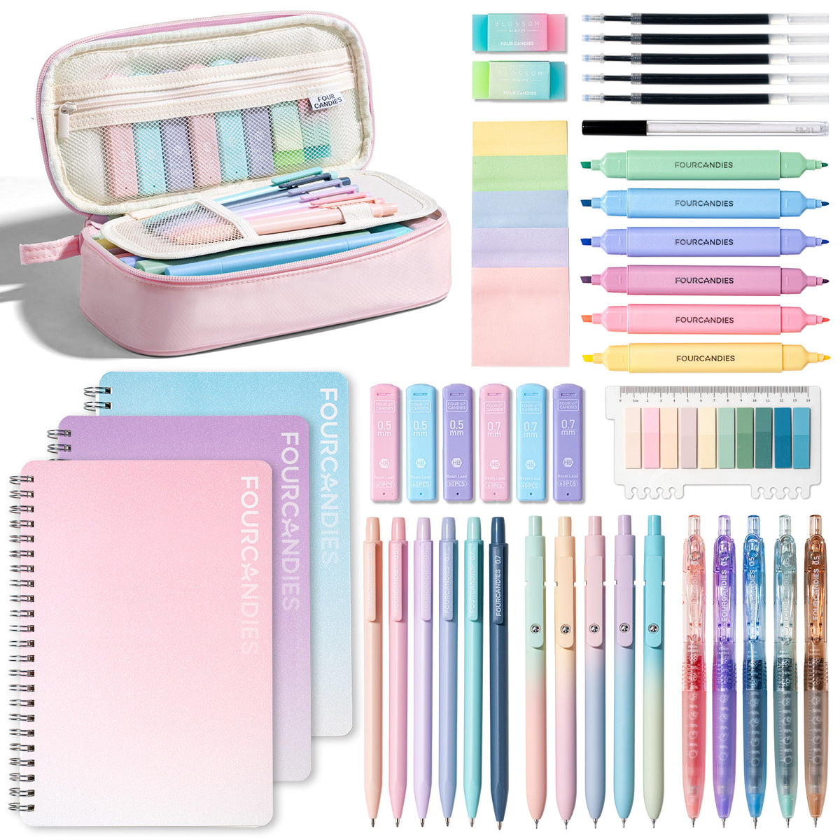 Four Candies 56PCS Stationery Set with 3 Spiral Notebooks,School Supplies College Supplies,Pink Pencil Case,10Gel Pens, Mechanical Pencils,6Highlighters,5Sticky Notes&10Tabs for Students,Grils,Nurse