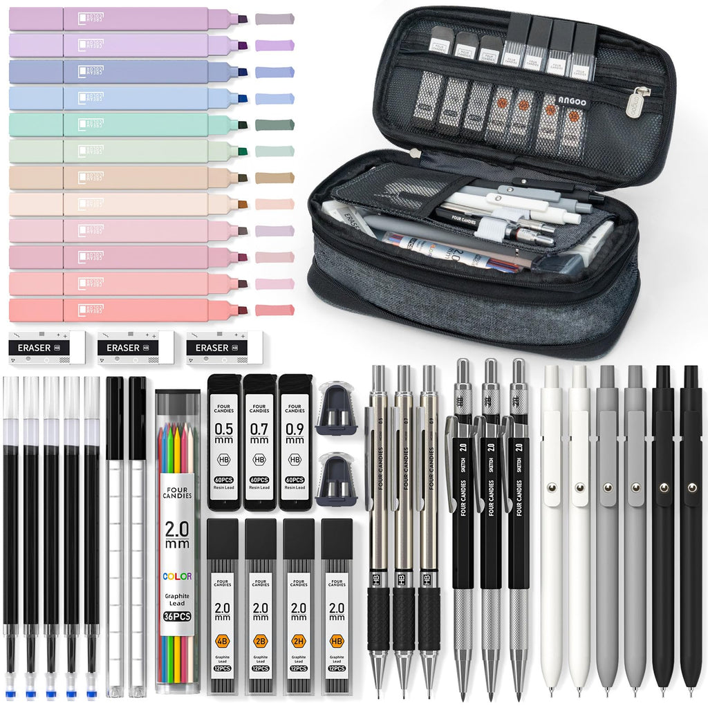 Four Candies 45 PCS Office Supplies with Pen Case, 6 Gel Pens, 6 Art Mechanical Pencil Set, 12 Highlighters for College Essentials Office Stationery (Black)