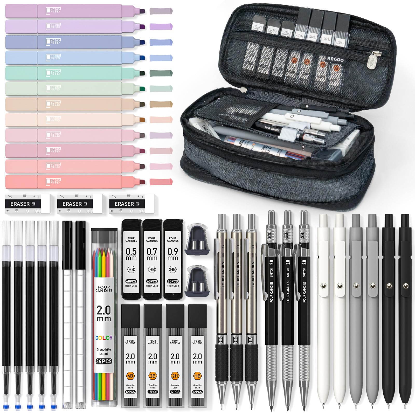 Four Candies 45 PCS Office Supplies with Pen Case, 6 Gel Pens, 6 Art Mechanical Pencil Set, 12 Highlighters for College Essentials Office Stationery (Black)