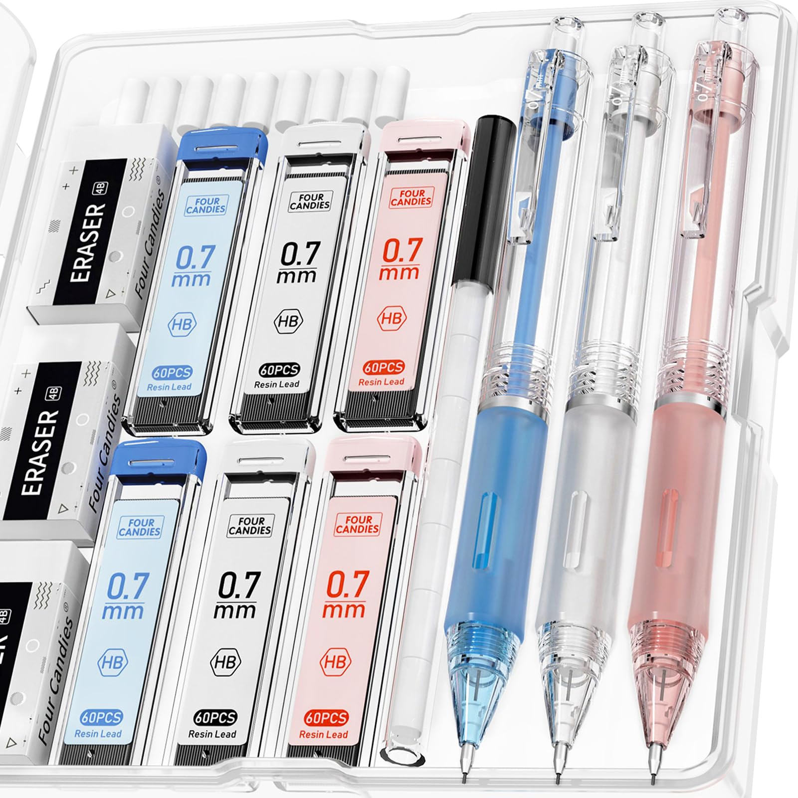 Four Candies 3PCS Clear Mechanical Pencils Set, 0.7mm Pastel Mechanical Pencils with 360PCS HB Lead Refills, 3PCS Erasers, 9PCS Eraser Refills for Writing
