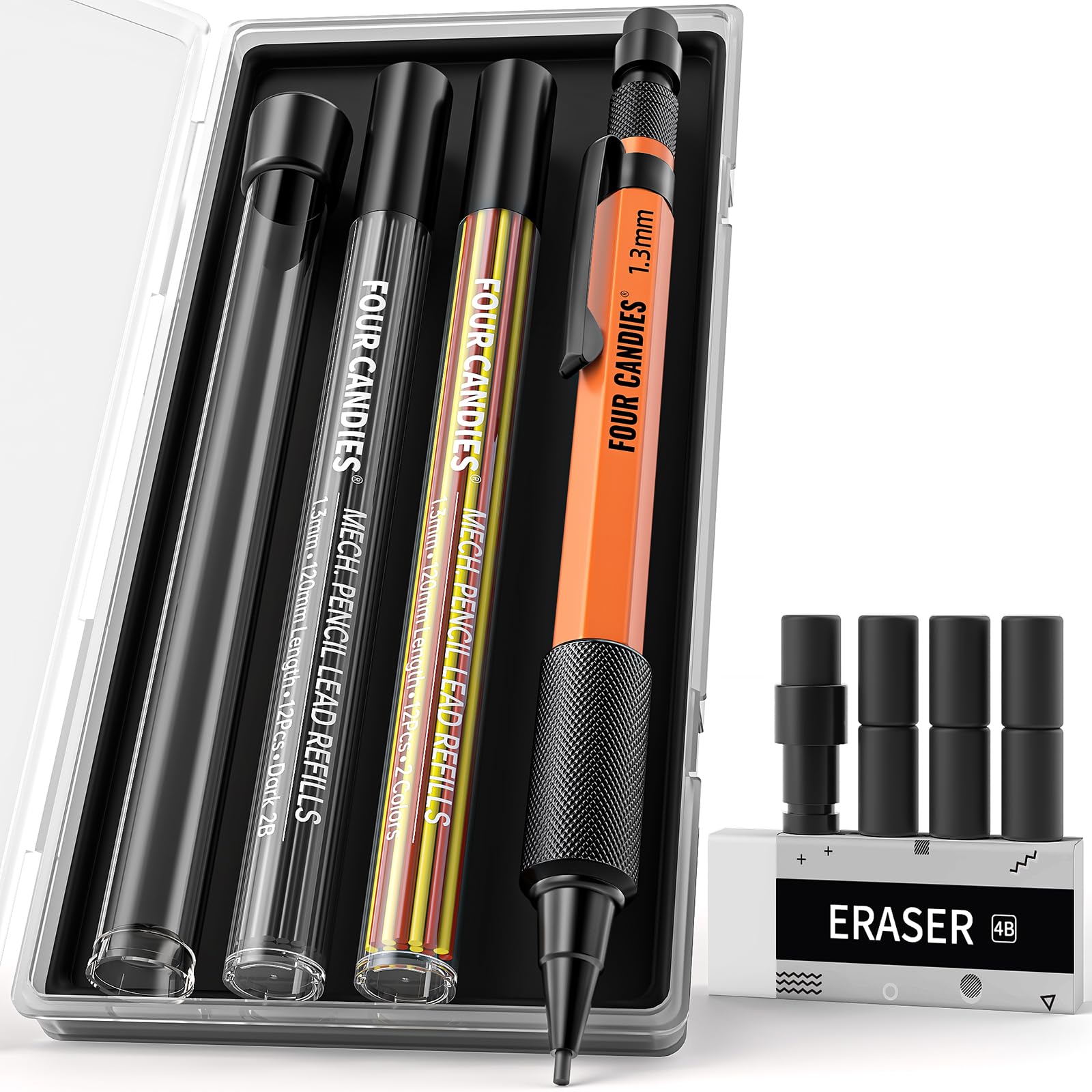 Four Candies 1.3mm Mechanical Pencil Set with Case Orange