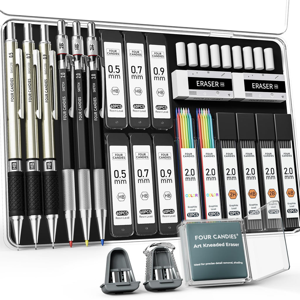 Four Candies Metal Mechanical Pencil Set, 6PCS Artist Metal Pencil 0.5, 0.7, 0.9, 2mm, Refills, Kneaded Eraser, Sharpener, Combo Set