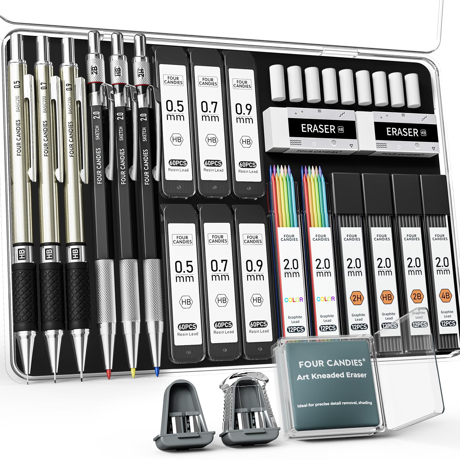 Four Candies Metal Mechanical Pencil Set, 6PCS Artist Metal Pencil 0.5, 0.7, 0.9, 2mm, Refills, Kneaded Eraser, Sharpener, Combo Set