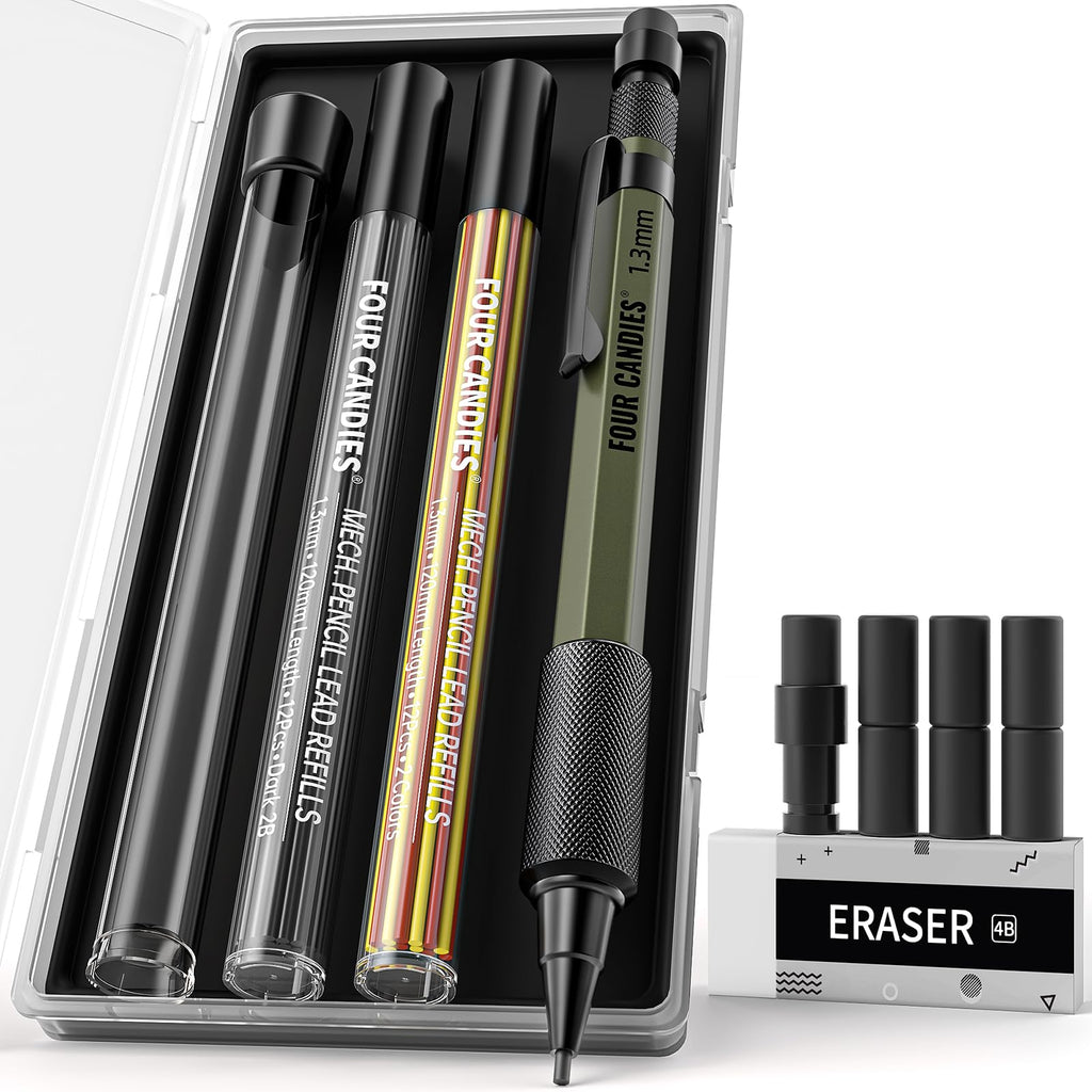 Four Candies 1.3mm Mechanical Pencil Set with Case, Metal Heavy Duty Outdoor Carpenter Pencil with 24 Refills (Red Black Yellow), Eraser, 6 Eraser Refills