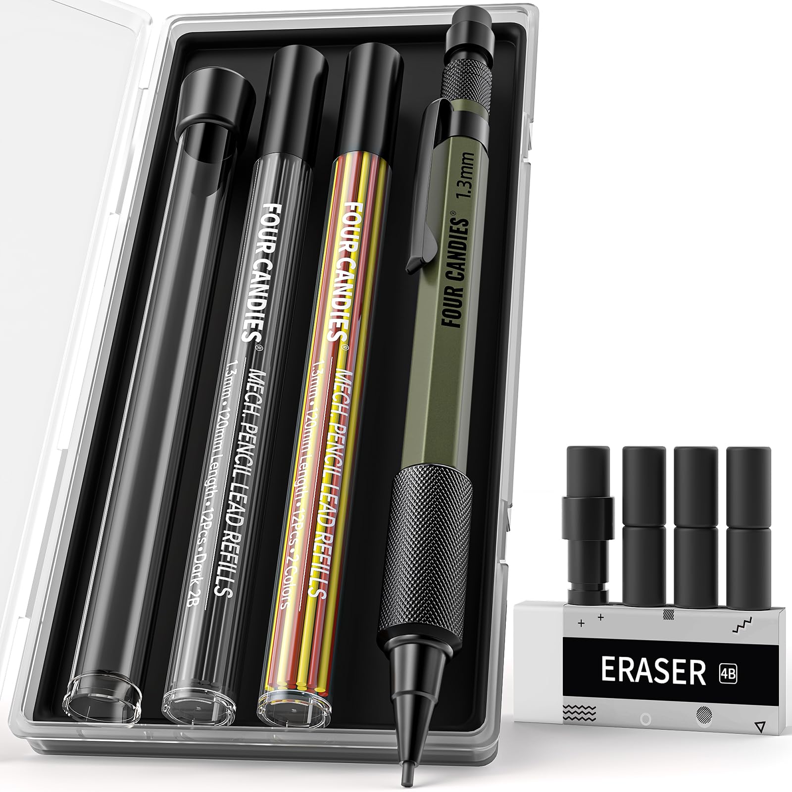 Four Candies 1.3mm Mechanical Pencil Set with Case, Metal Heavy Duty Outdoor Carpenter Pencil with 24 Refills (Red Black Yellow), Eraser, 6 Eraser Refills
