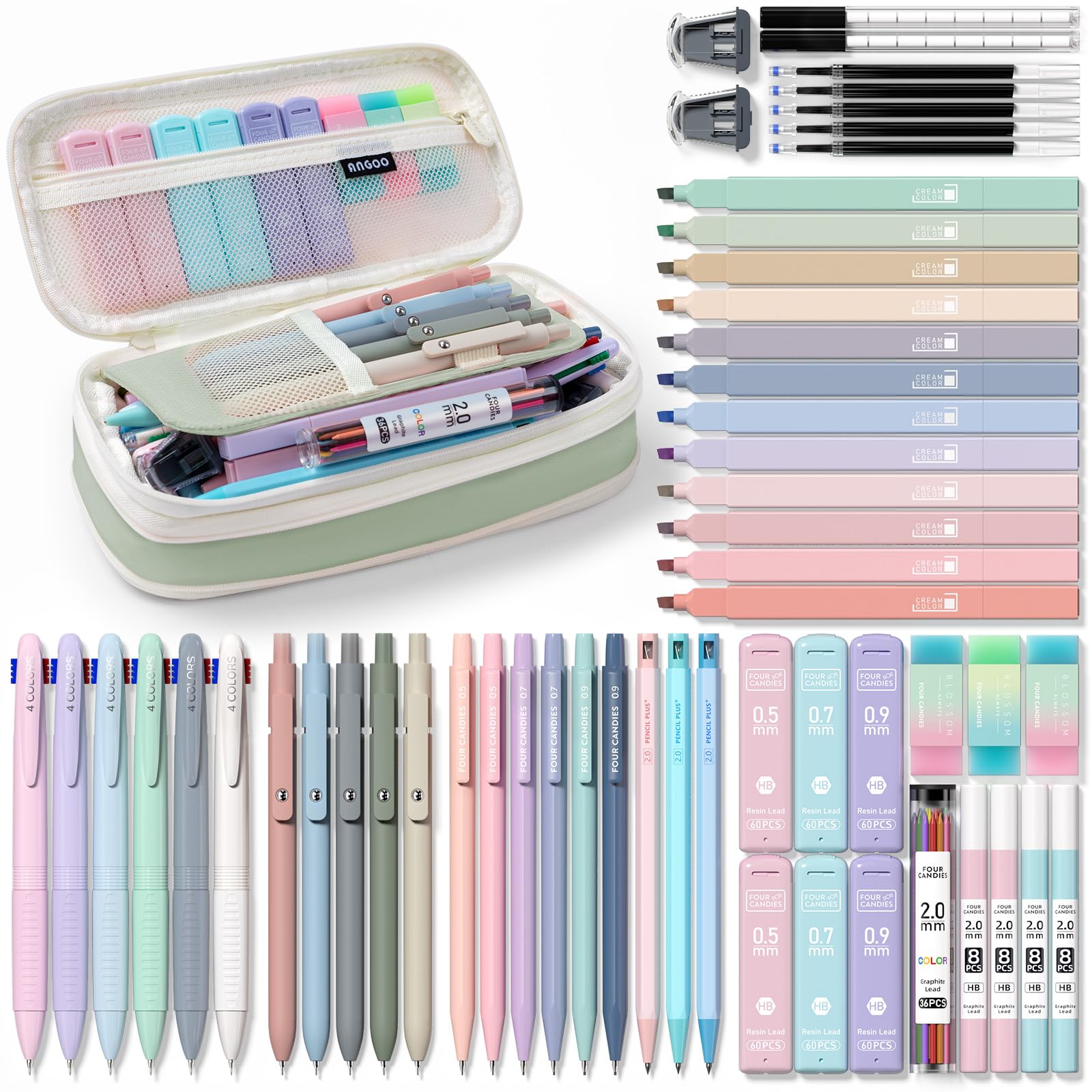 Four Candies 56 PCS Aesthetic Supplies with Large Pencil Case, 6 Colored Ballpoint Pens, 12 Pastel Highlighters, 5 Black Ink Gel Pens, 9 Mechanical Pencils 0.5-2.0mm Essentials (Green)