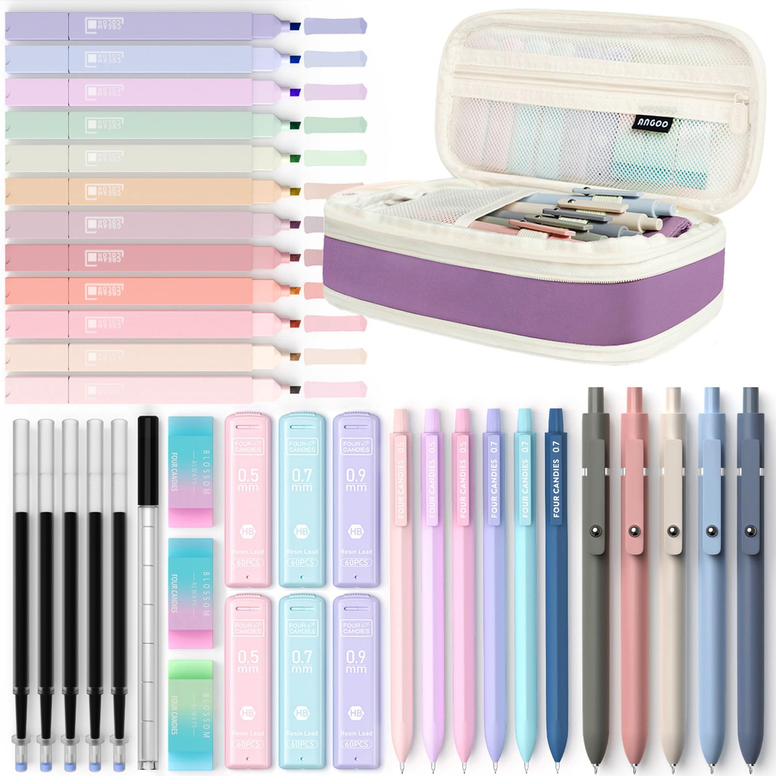 Four Candies 39 PCS Aesthetic Supplies with Cute Pencil Case（Purple）