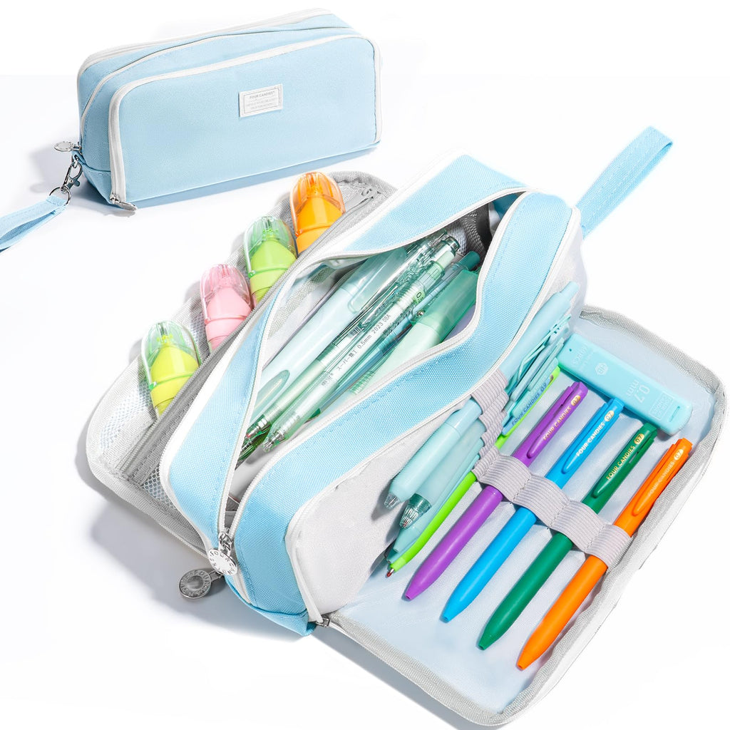 Four Candies Pencil Case 3 Compartment, Large Pencil Case with Removable Handle & Zipper, Cute Stationery Organizer for Markers, Makeup Bag, Cute Pencil Bag for Office College, Blue