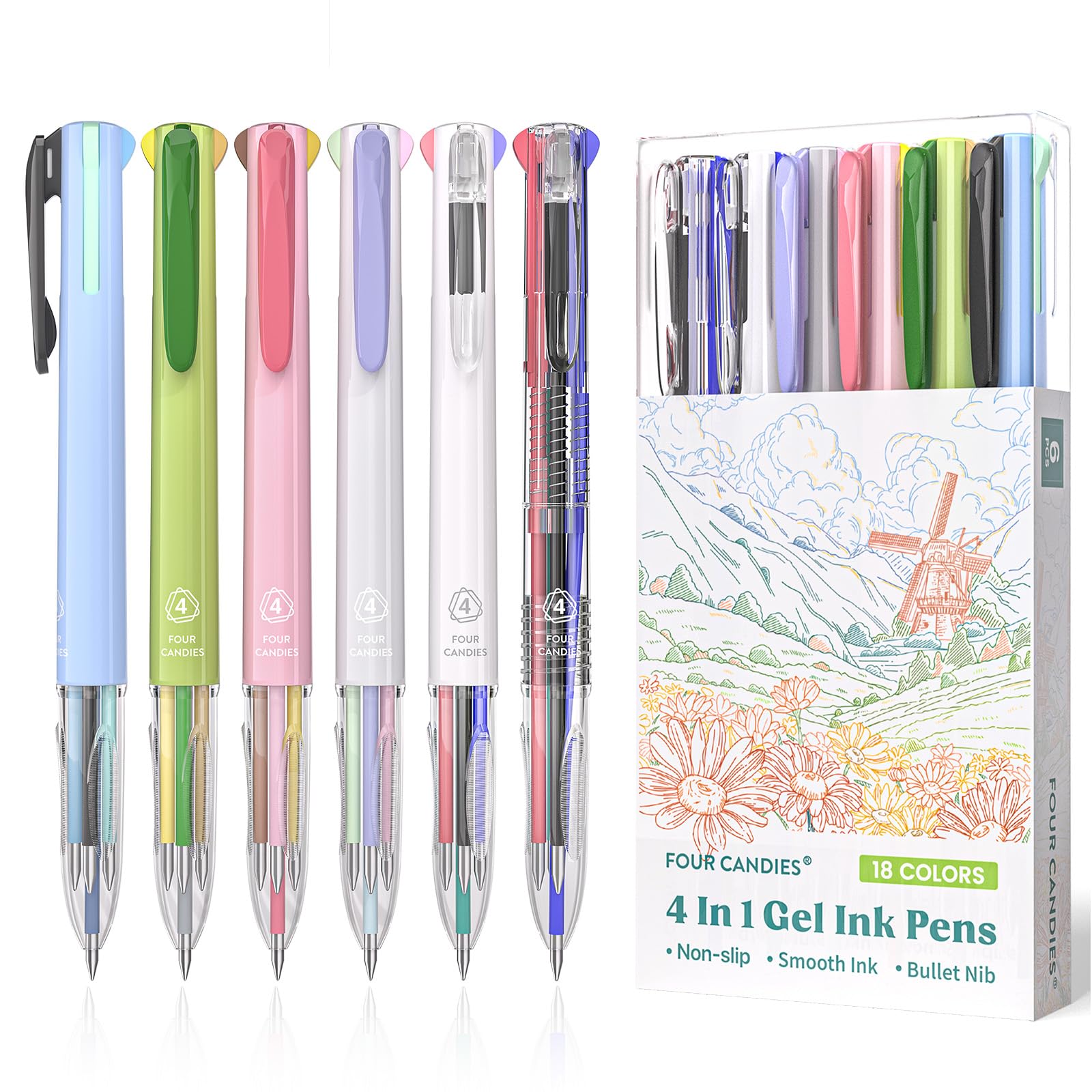 Four Candies 6 PCS Multicolor Pen, 0.5mm Colored Pens, 4-in-1 Multicolor Ink Pens, 18 Colors Retractable Ink Pens for Office Supplies