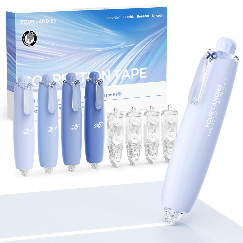 Four Candies 6MM Retractable White Correction Tape, 4PCS White Smooth Pull Out Correction Tape with 4 Extra Refills,Tear-Resistant Tape Pen & Quick Drying (Blue)