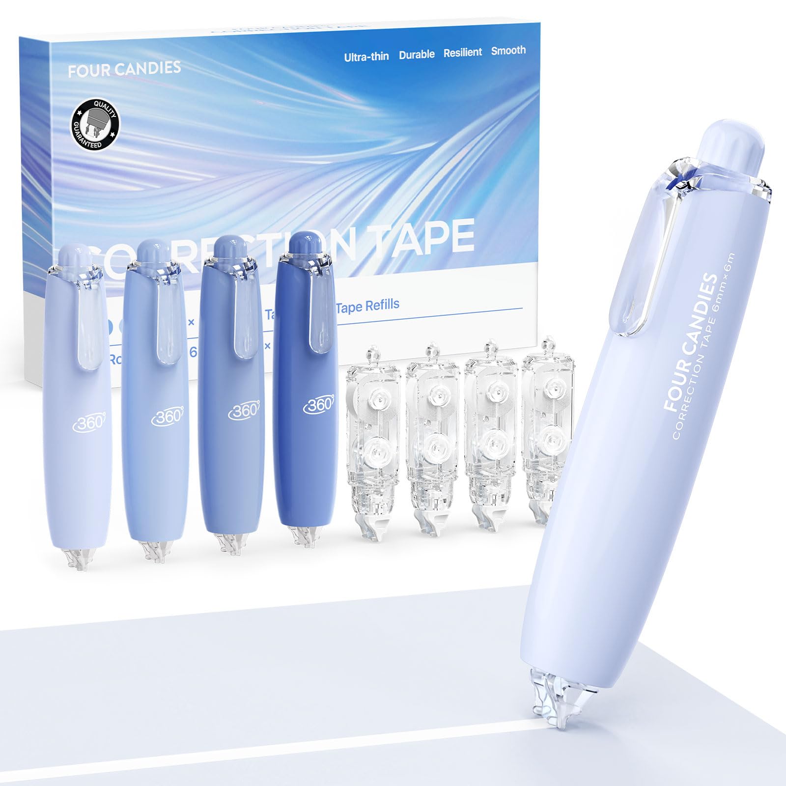 Four Candies 6MM Retractable White Correction Tape, 4PCS White Smooth Pull Out Correction Tape with 4 Extra Refills,Tear-Resistant Tape Pen & Quick Drying (Blue)