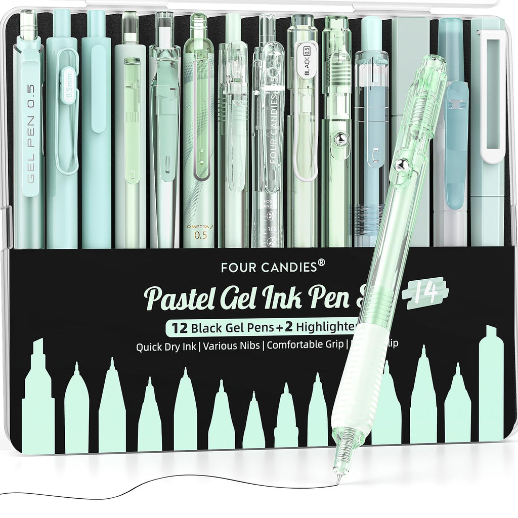 Four Candies Gel Pen with 2 Pieces Highlighter, Fine,0.5 mm, Black Ink, 14 Piece