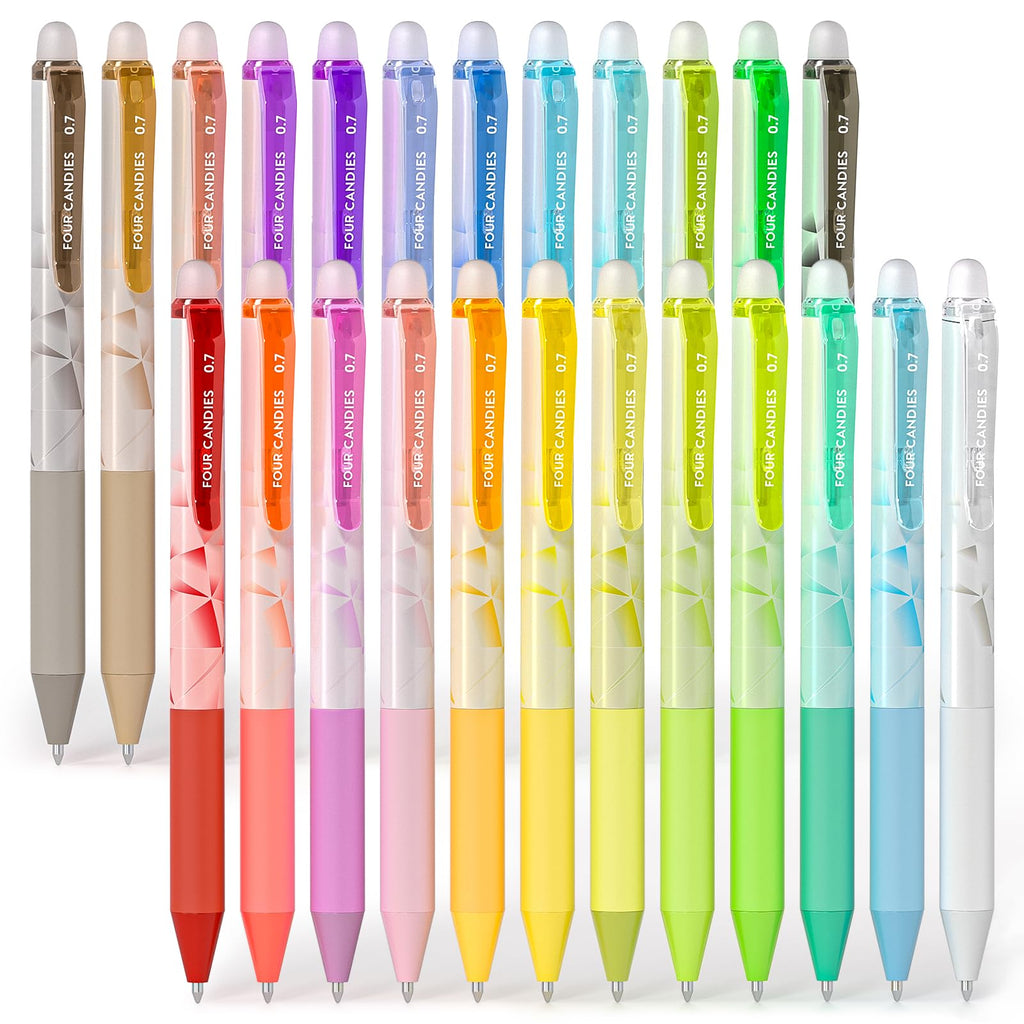 Four Candies 0.7mm Erasable Gel Pens, Make Mistakes Disappear Colored Pens, 24 Colors Retractable Fine Point Erasable Pens for Writing, Drawing, Planner Supplies