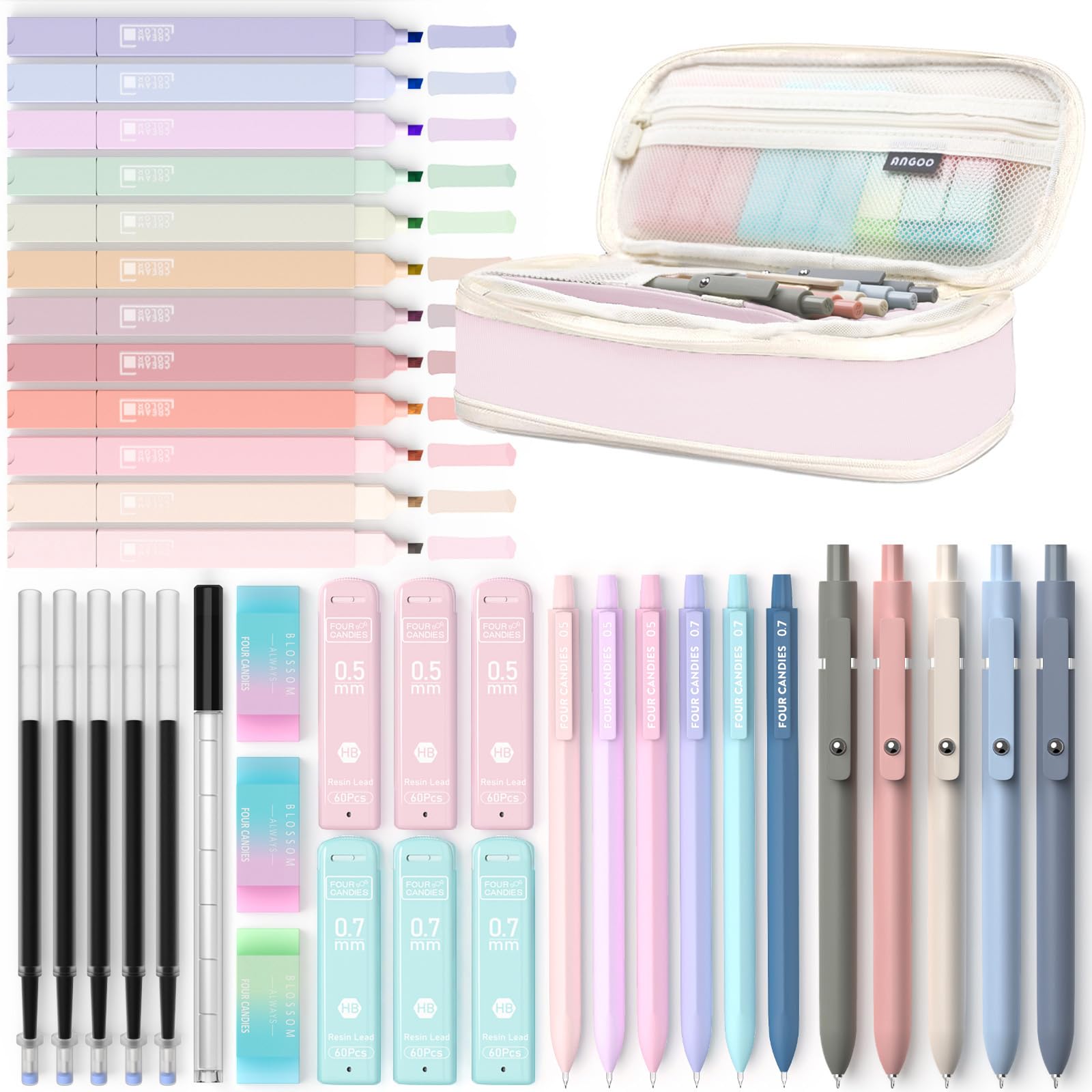Four Candies 39 PCS Aesthetic Supplies with Cute Pen Case, 12 Pastel Highlighters, 5 Black Ink Gel Pens, 6 Mechanical Pencils Set 0.5 & 0.7 mm for Stationary College Essentials (Pink)