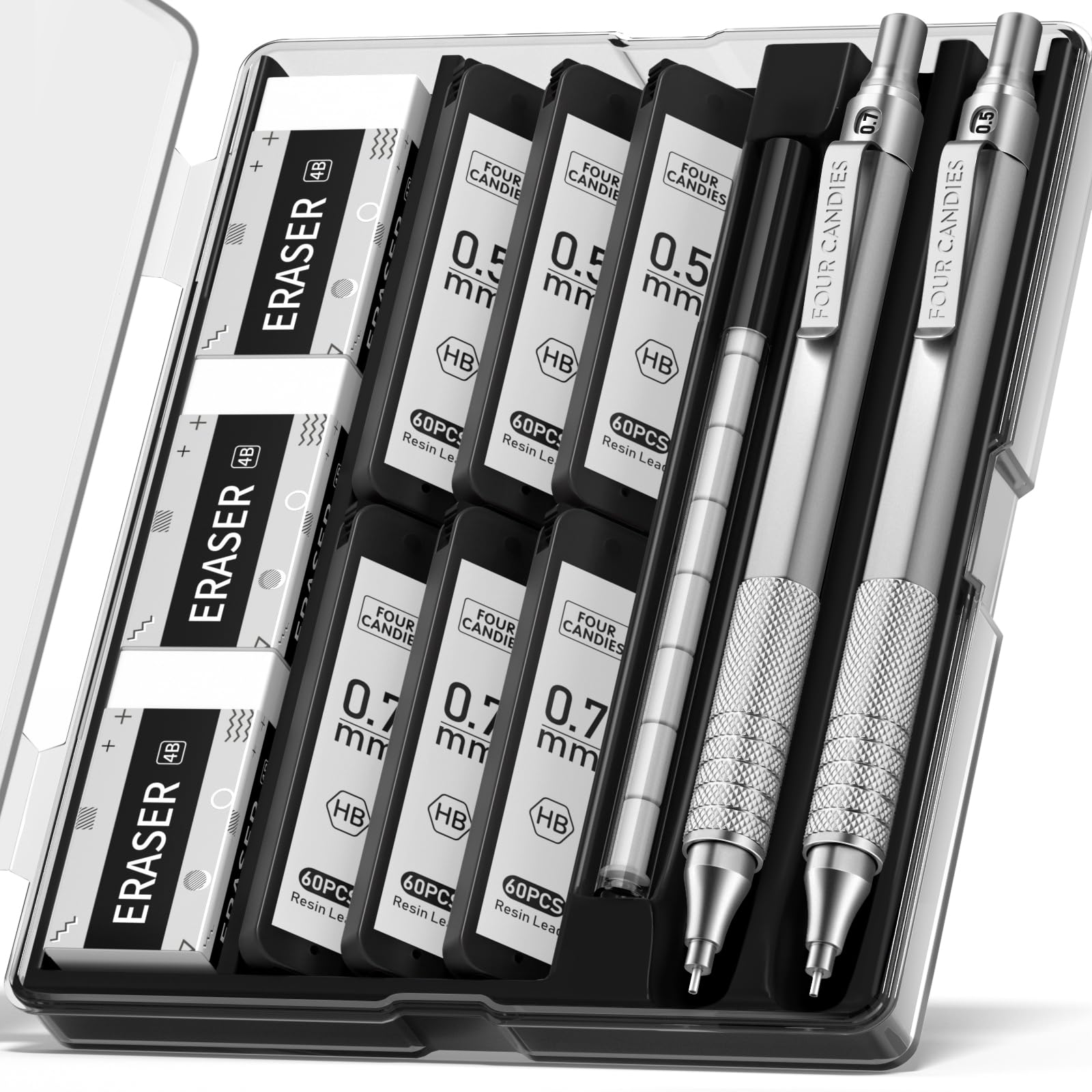 Four Candies 2PCS Metal Mechanical Pencils Set with Case, 0.5mm & 0.7 mm Artist Pencil for Writing Drafting, Drawing, Silver