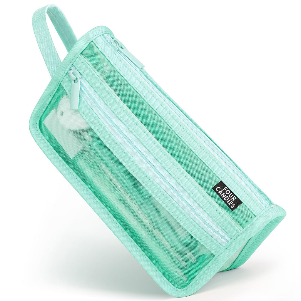 Four Candies Grid Mesh Pencil Case with Handle and Zipper, Clear Double-layer Pencil Pouch Marker Pouch, Travel Makeup Bag, Cute Transparent Stationary Organizer Pen Bag for Adult Office College