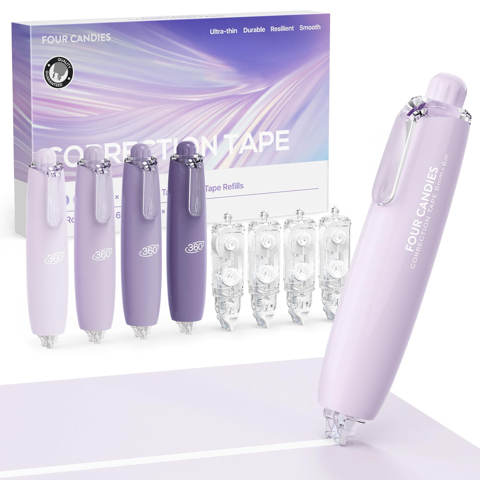 Four Candies 6MM Retractable White Correction Tape, 4PCS White Smooth Pull Out Correction Tape with 4 Extra Refills,Tear-Resistant Tape Pen & Quick Drying (Purple)