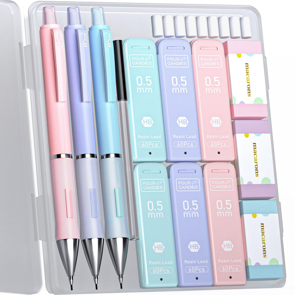 Four Candies Pastel Mechanical Pencil Set for Drawing & Writing, 3PCS Mechanical Pencils in 0.5mm with 360PCS HB Lead Refills, 3PCS Erasers and 9PCS Eraser Refills