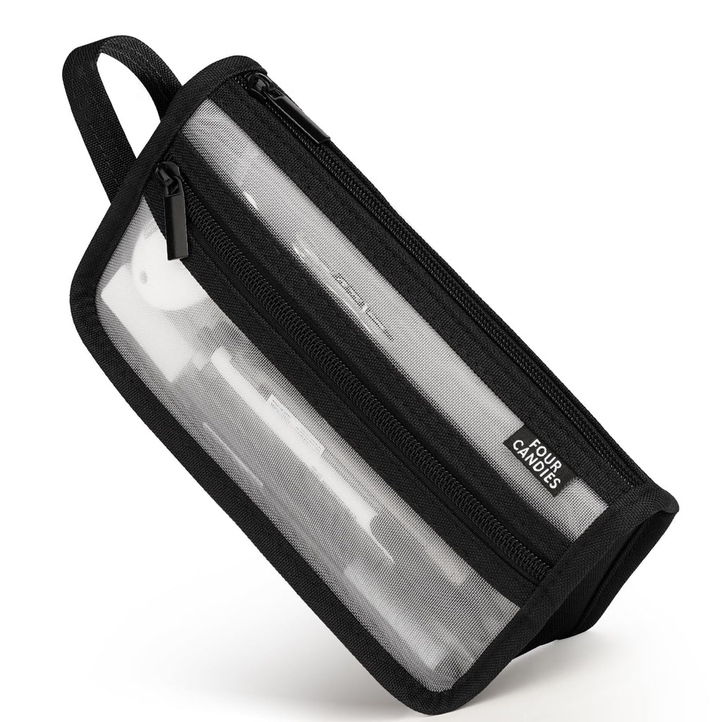 Four Candies Grid Mesh Pencil Case with Handle and Zipper, Clear Double-Layer Pencil Pouch Marker Pouch, Travel Makeup Bag, Stationary Organizer Pen Bag for Adult Office College