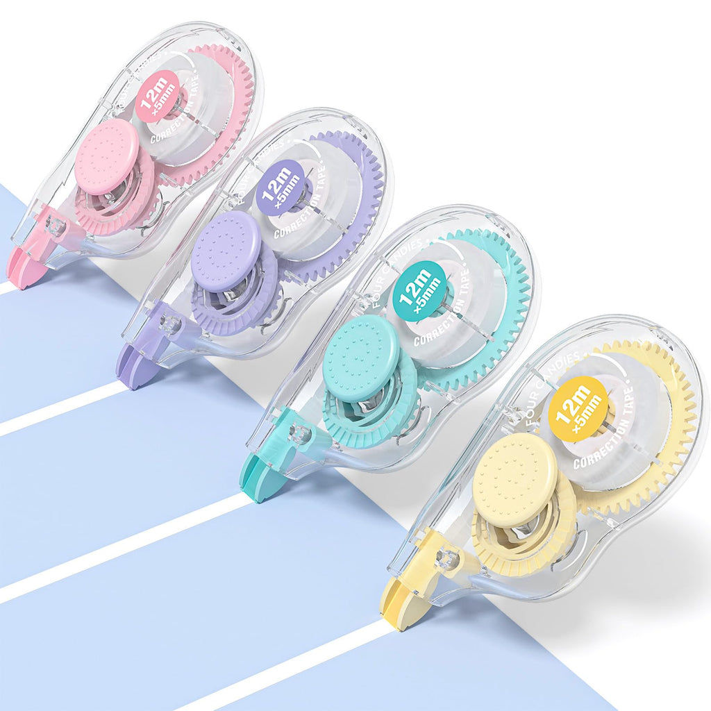 Four Candies White Correction Tape, 39.4 Feet, 4 Pack Easy to Use Applicator for Instant Corrections, Tear-Resistant, Smooth & Quick-Drying Tape
