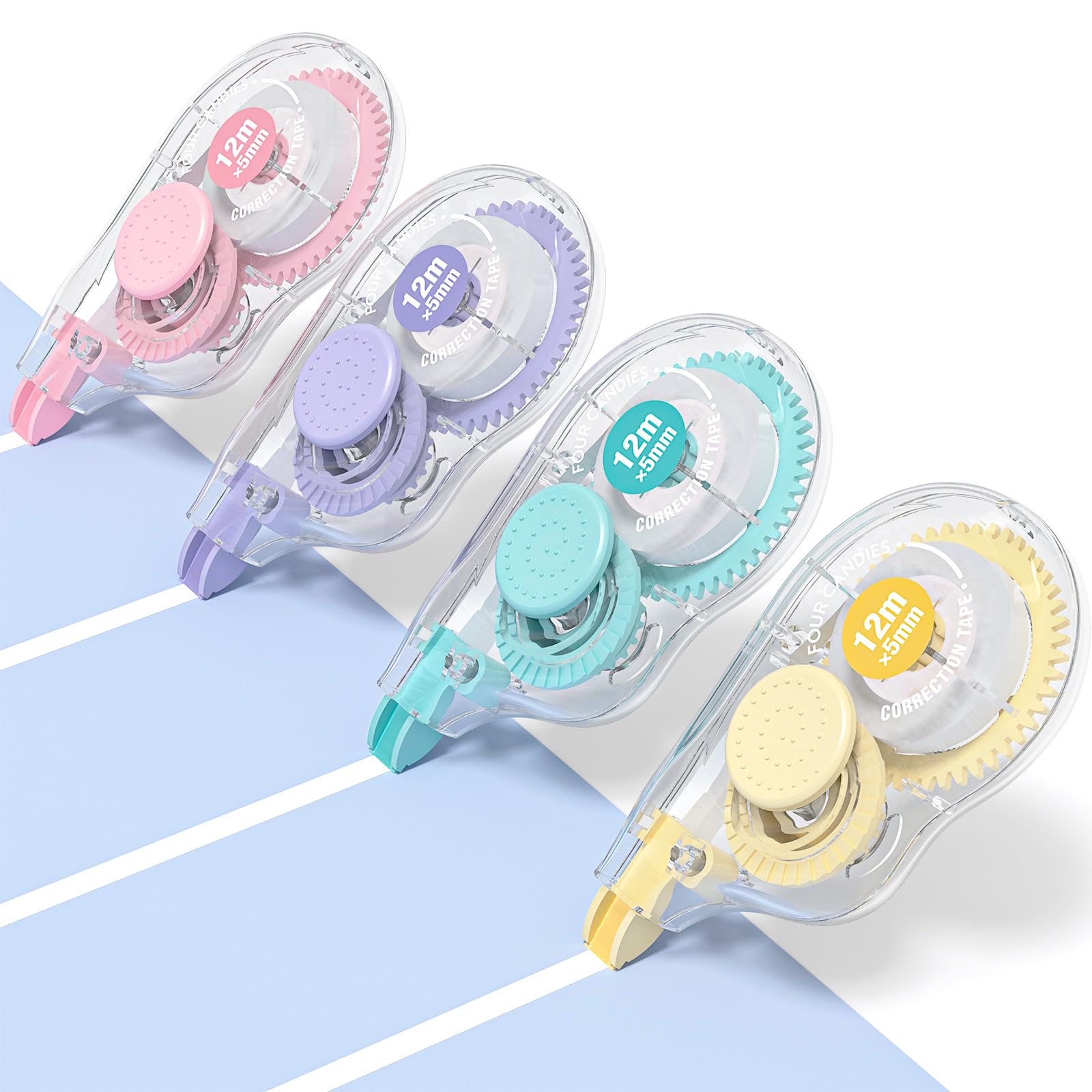 Four Candies White Correction Tape, 39.4 Feet, 4 Pack Easy to Use Applicator for Instant Corrections, Tear-Resistant, Smooth & Quick-Drying Tape