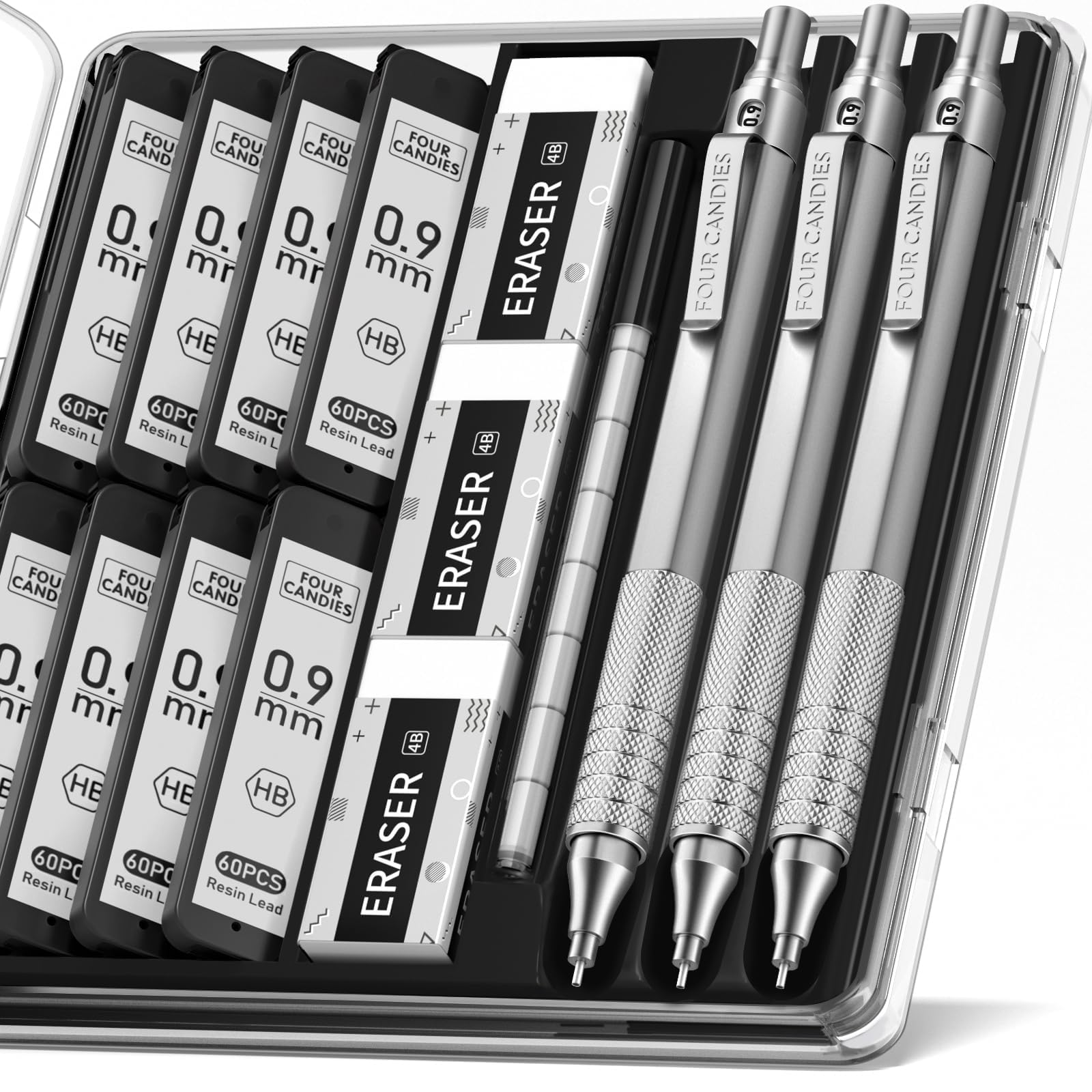 Four Candies 0.9mm Mechanical Pencil Set with Case, 3PCS Metal Pencil with 480PCS HB Lead Refills, 3 Erasers, 9 Eraser Refills For Art Writing Drafting, Silver