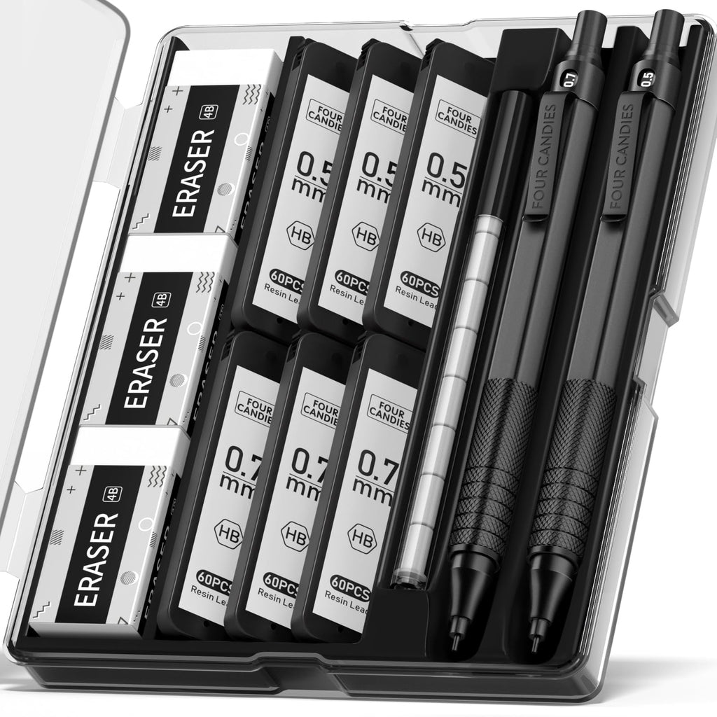 Four Candies 2PCS Metal Mechanical Pencils Set , 0.5mm & 0.7 mm Pencil with 6 Tubes (360PCS) HB Lead Refills, 3 Erasers,9 Eraser Refills, Black
