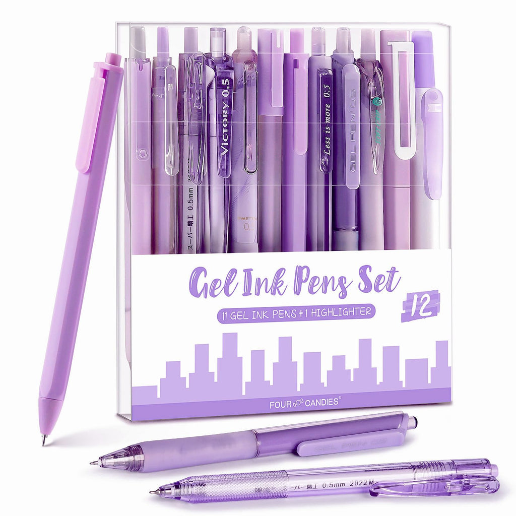 Four Candies Retractable Purple Pen Set, 11Pcs Black Ink Gel Pens(0.5mm), 1Pcs Purple Highlighter, 0.5mm Fine Point for Journaling, Writing and Note-Taking